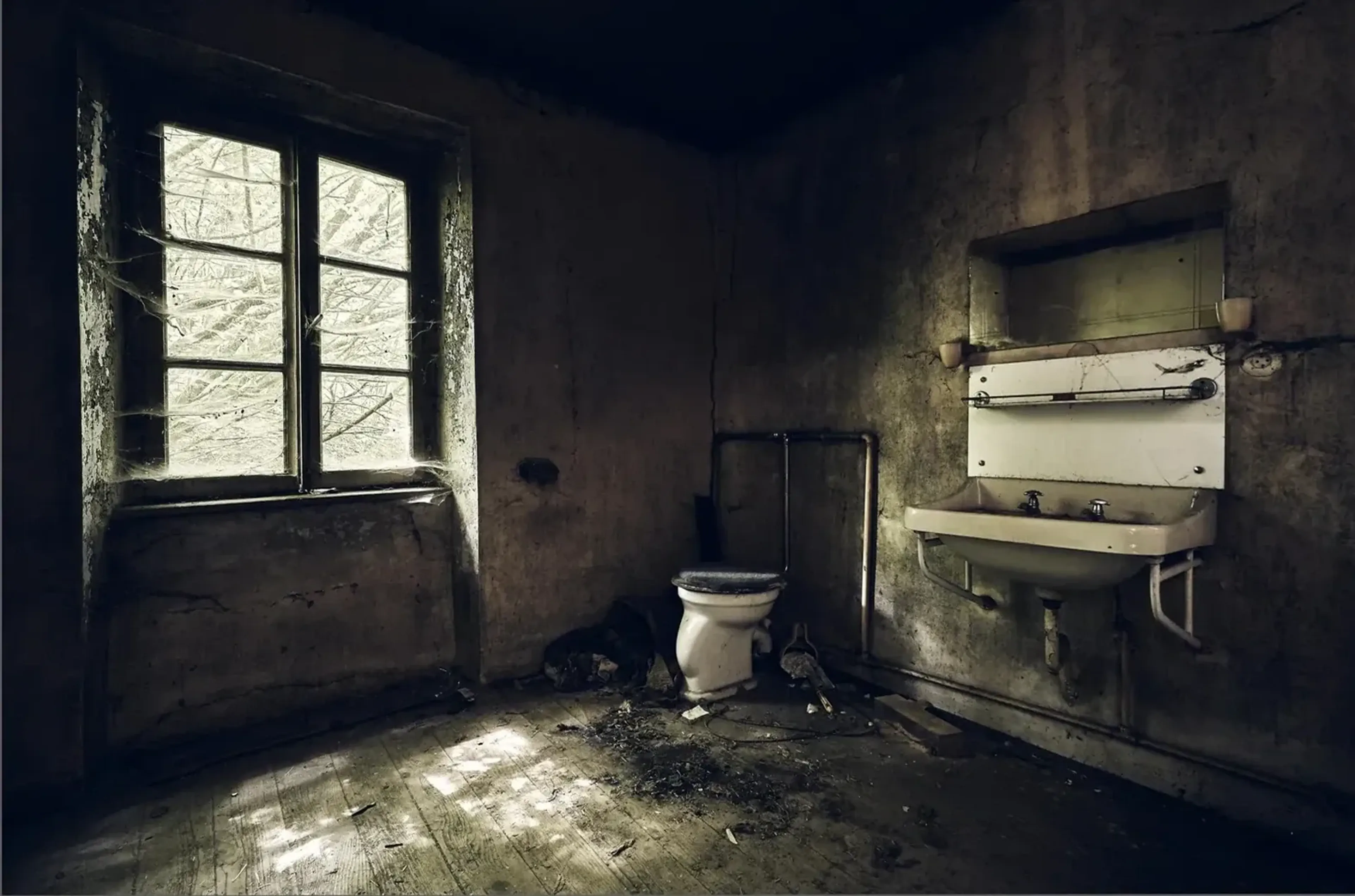 Verfallener Waschraum mit Toilette, Waschbecken, Spinnweben am Fenster und Schutt auf dem Boden.