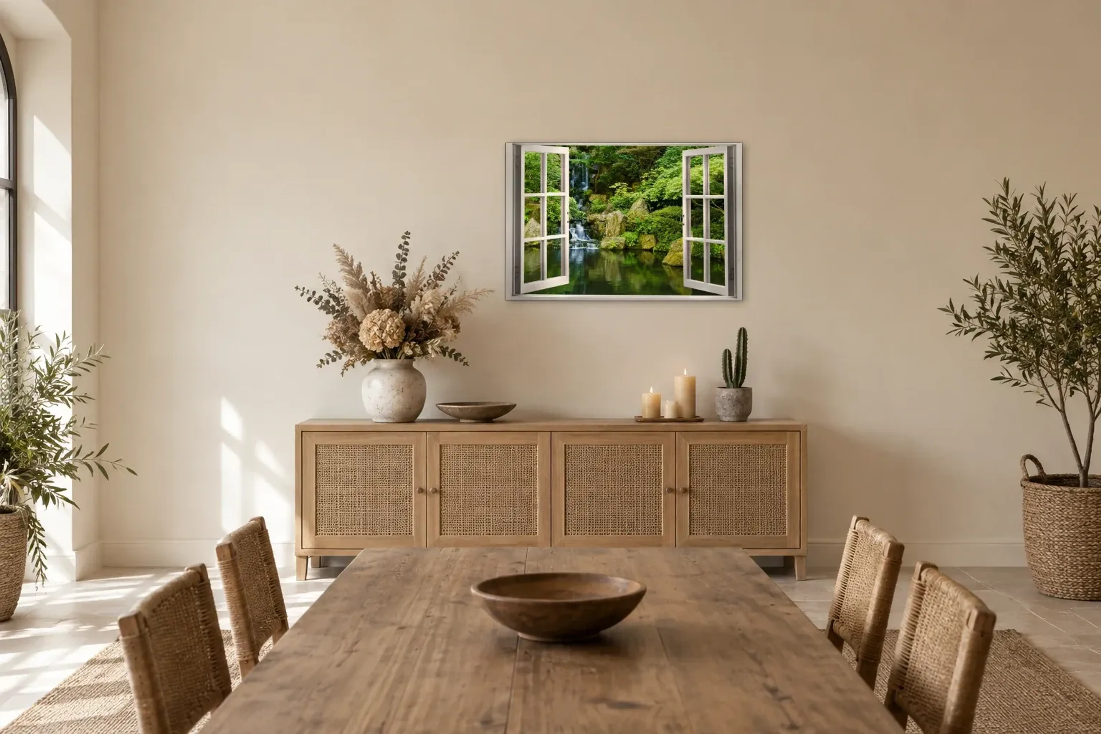 Wasserlauf im Garten als Wandbild über einem 160-cm-Sideboard