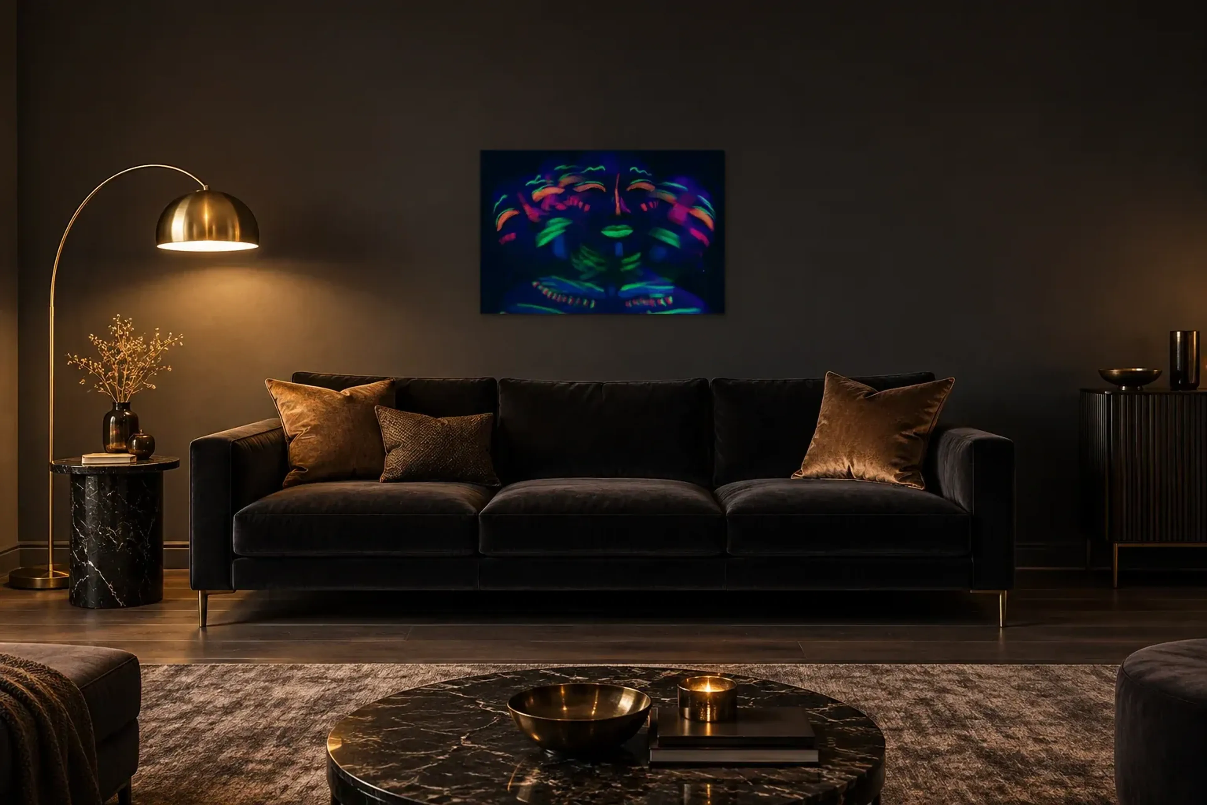Bewegtes Gesicht als Wandbild über einem 220-cm-Sofa