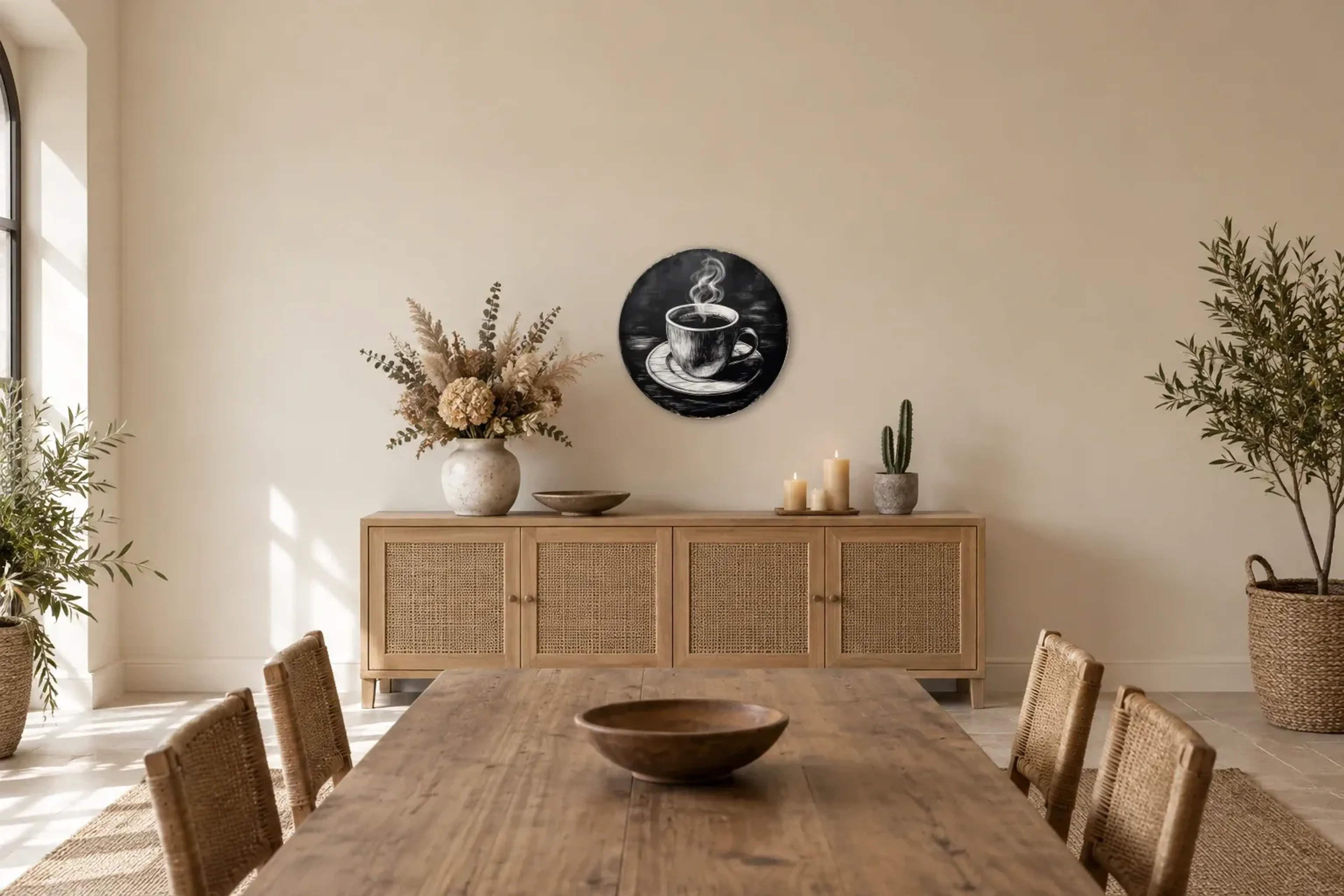 Kaffee als Wandbild über einem 160-cm-Sideboard
