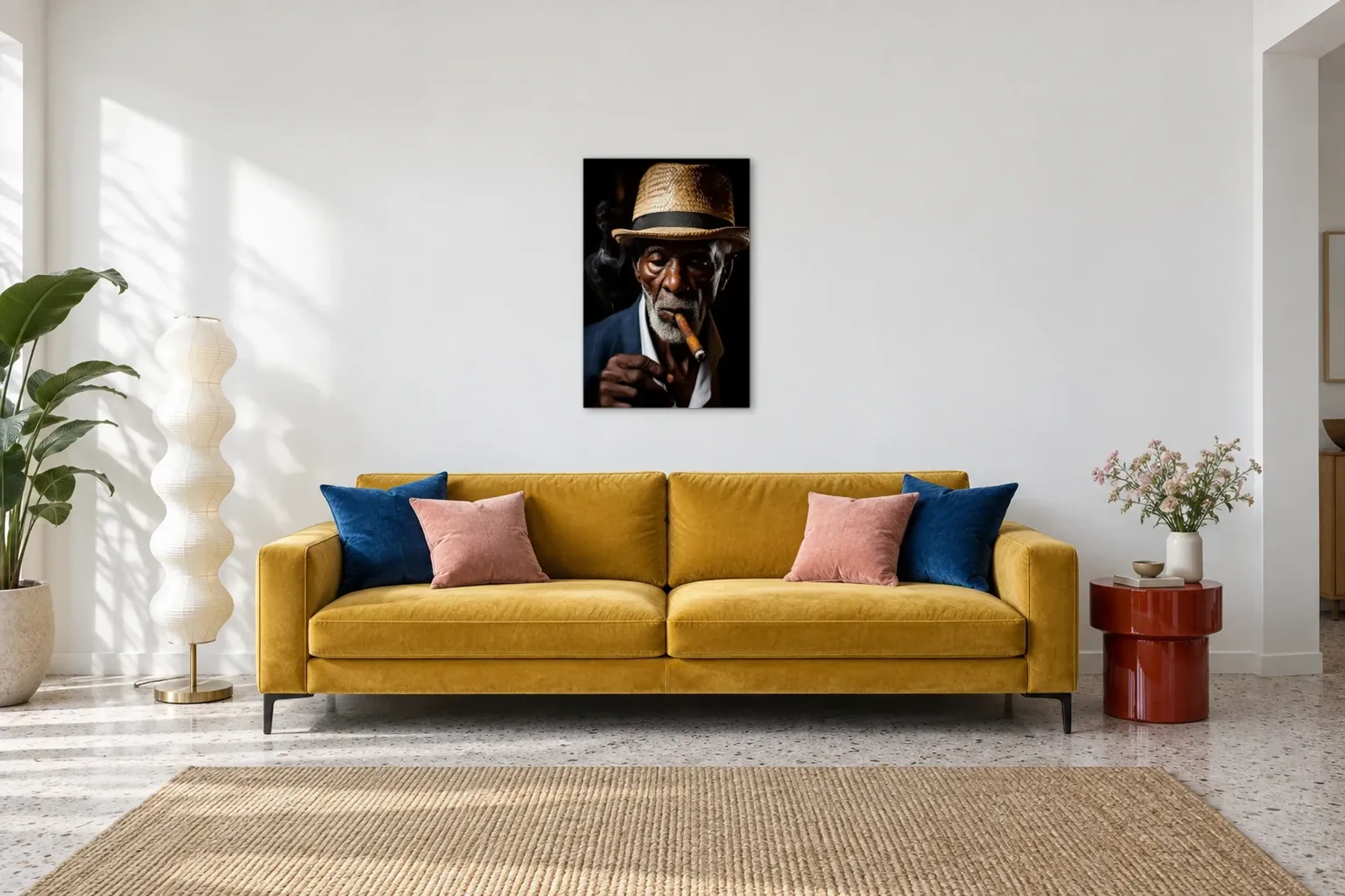 Porträt mit Zigarre als Wandbild über einem 220-cm-Sofa