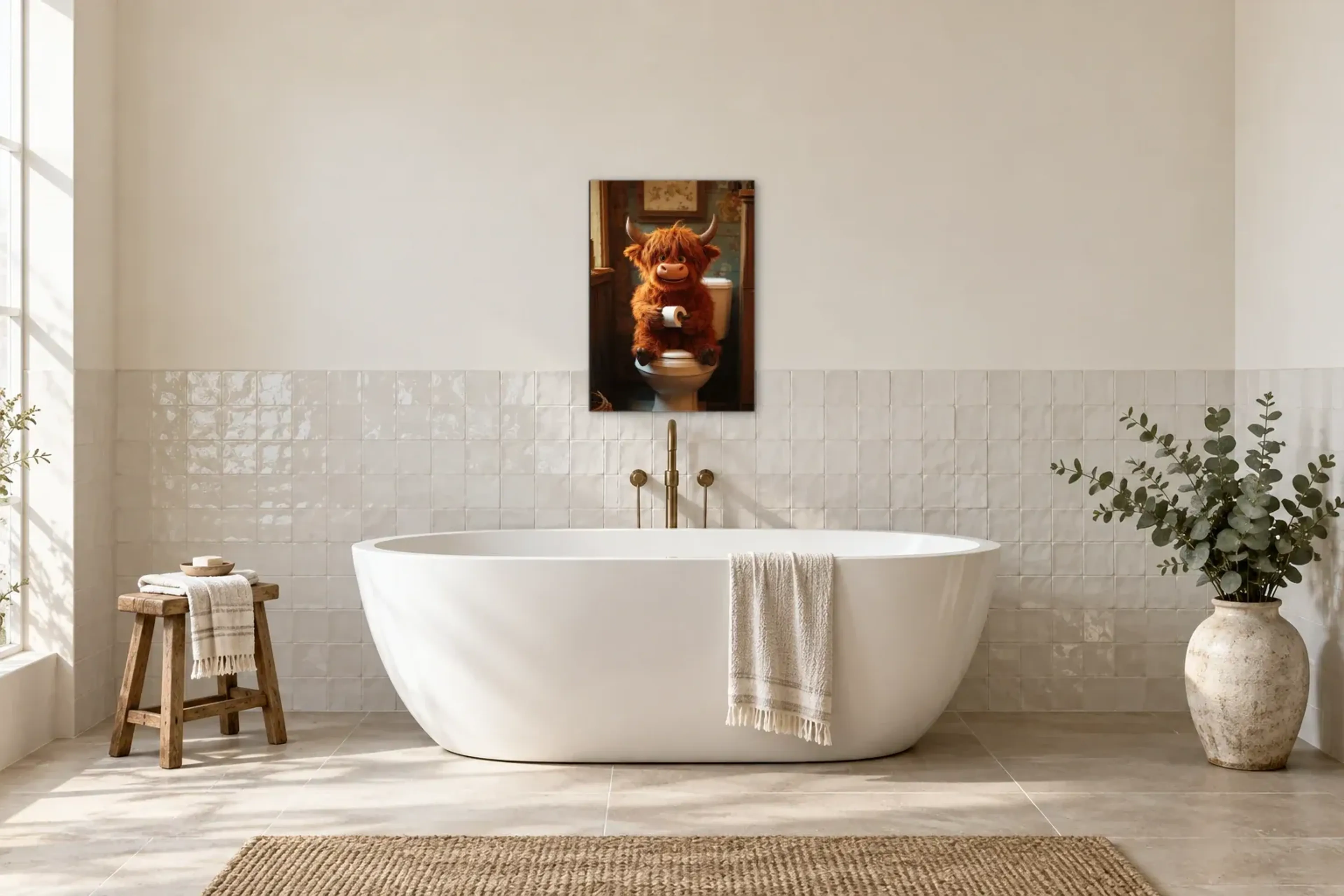 Hochlandrind im nostalgischen Bad als Wandbild über einer 170-cm-Badewanne