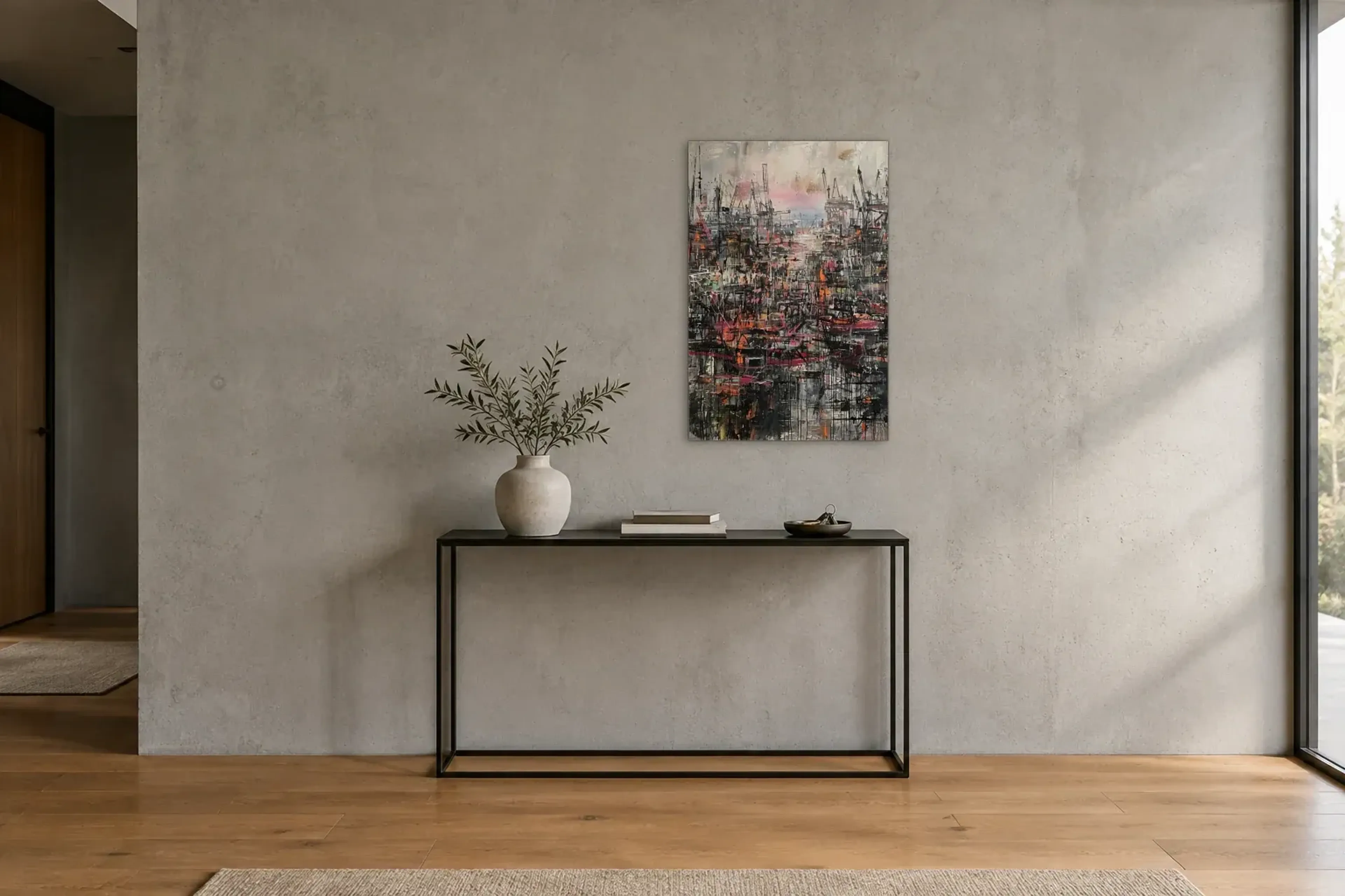 Hafen aus Linien als Wandbild über einer 120-cm-Konsole