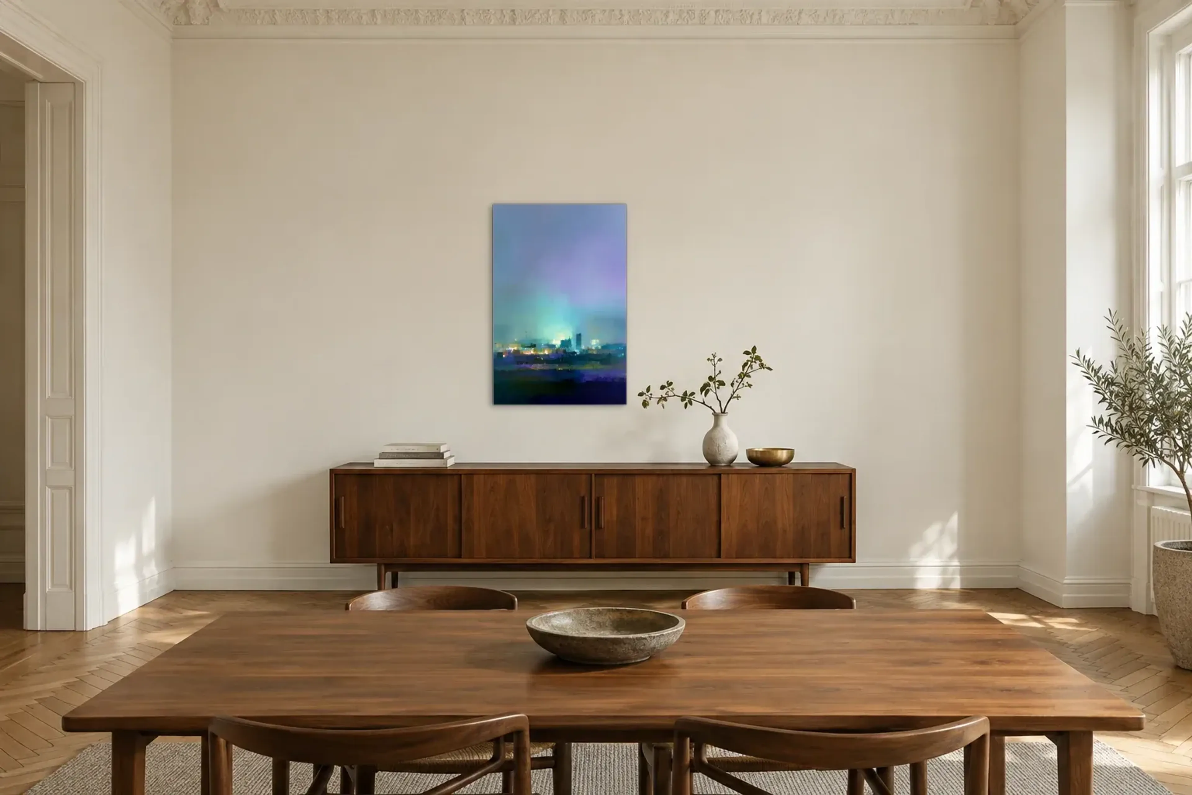 Berlin in sanften Farbflächen als Wandbild über einem 200-cm-Sideboard