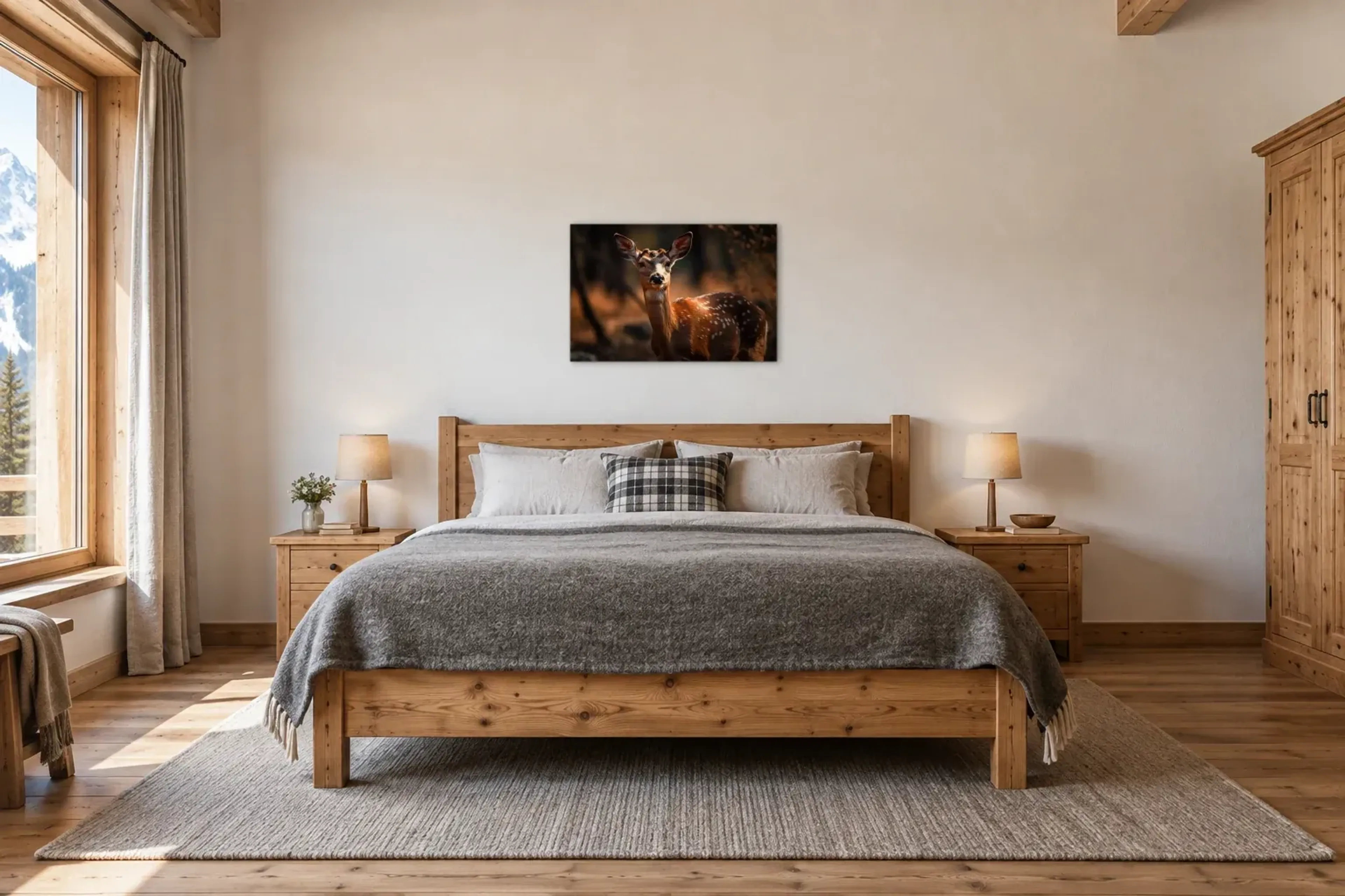 Hirschkuh im Waldlicht als Wandbild über einem 180-cm-Bett