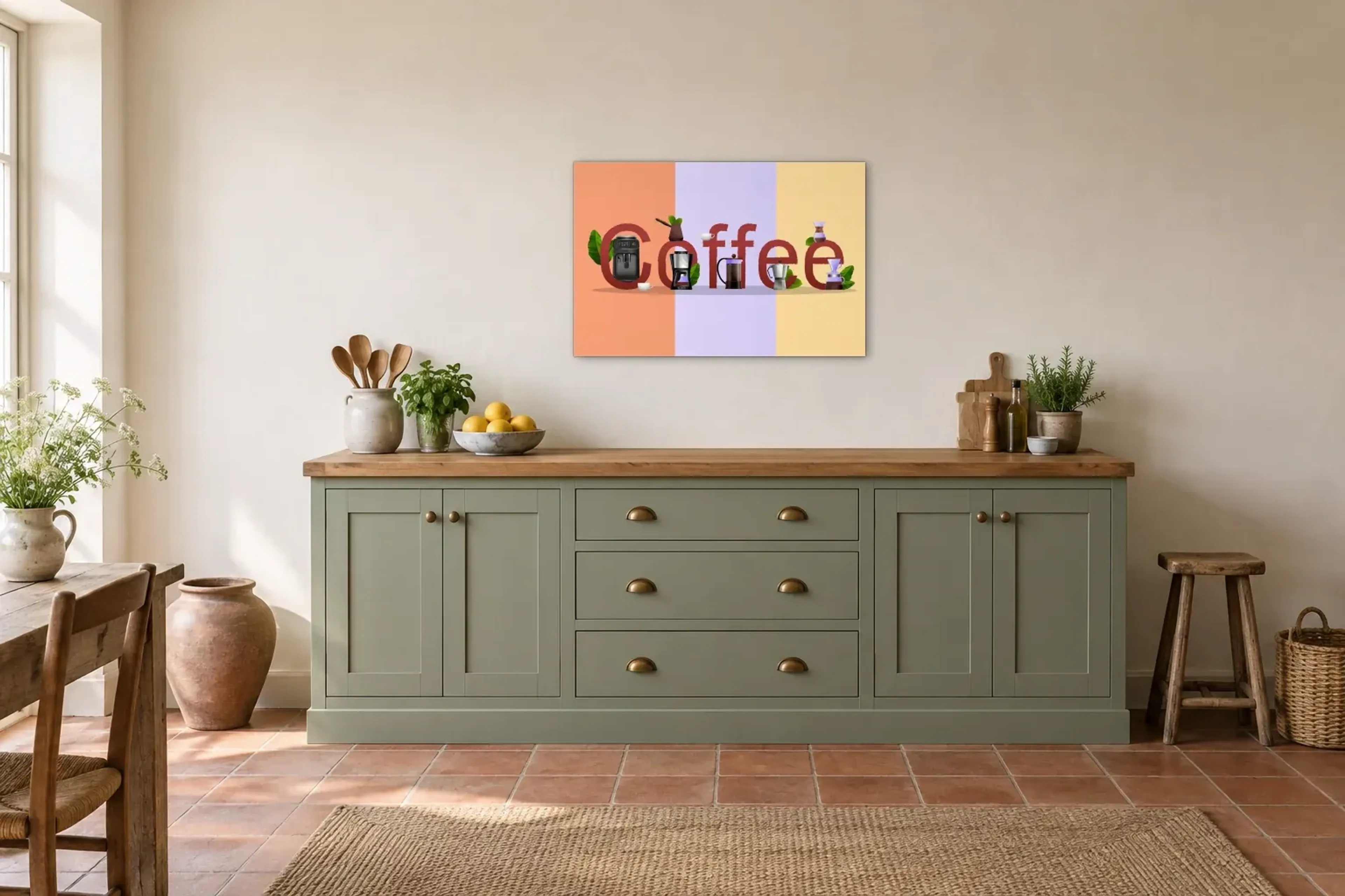 Kaffee Dreifarbig als Wandbild über einer 200-cm-Arbeitsplatte