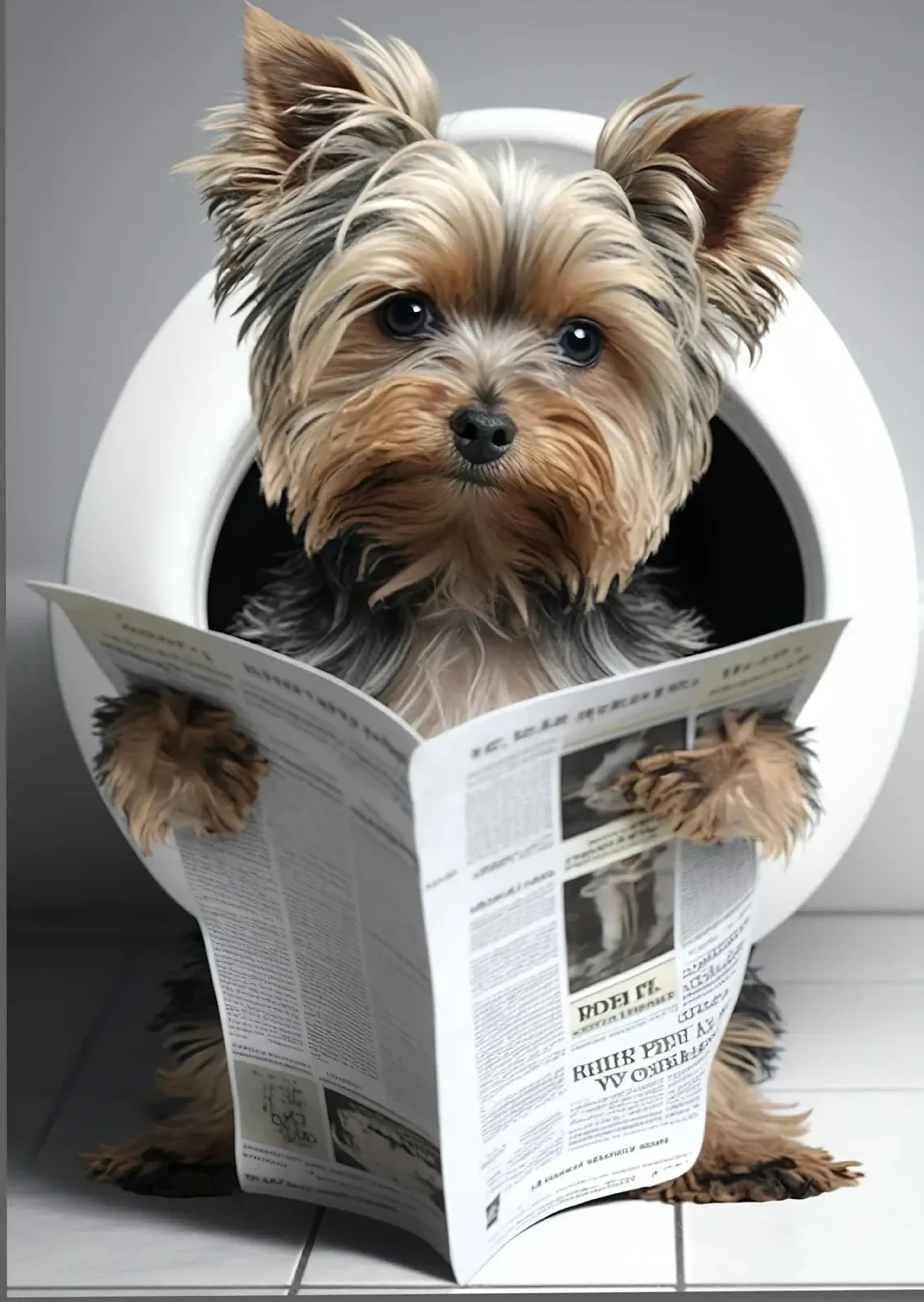 Ein Yorkshire Terrier hält eine aufgeschlagene Zeitung vor sich und sitzt vor einer hochgeklappten Toilettenbrille.