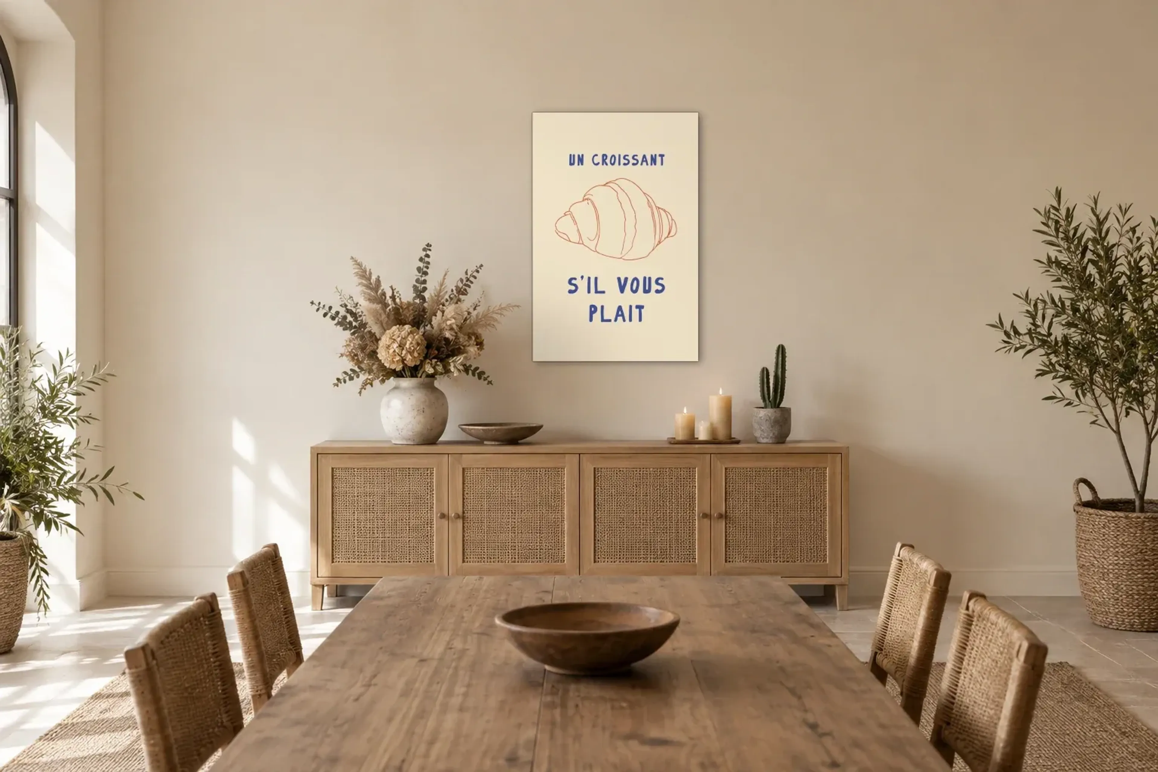 Croissant als Wandbild über einem 160-cm-Sideboard