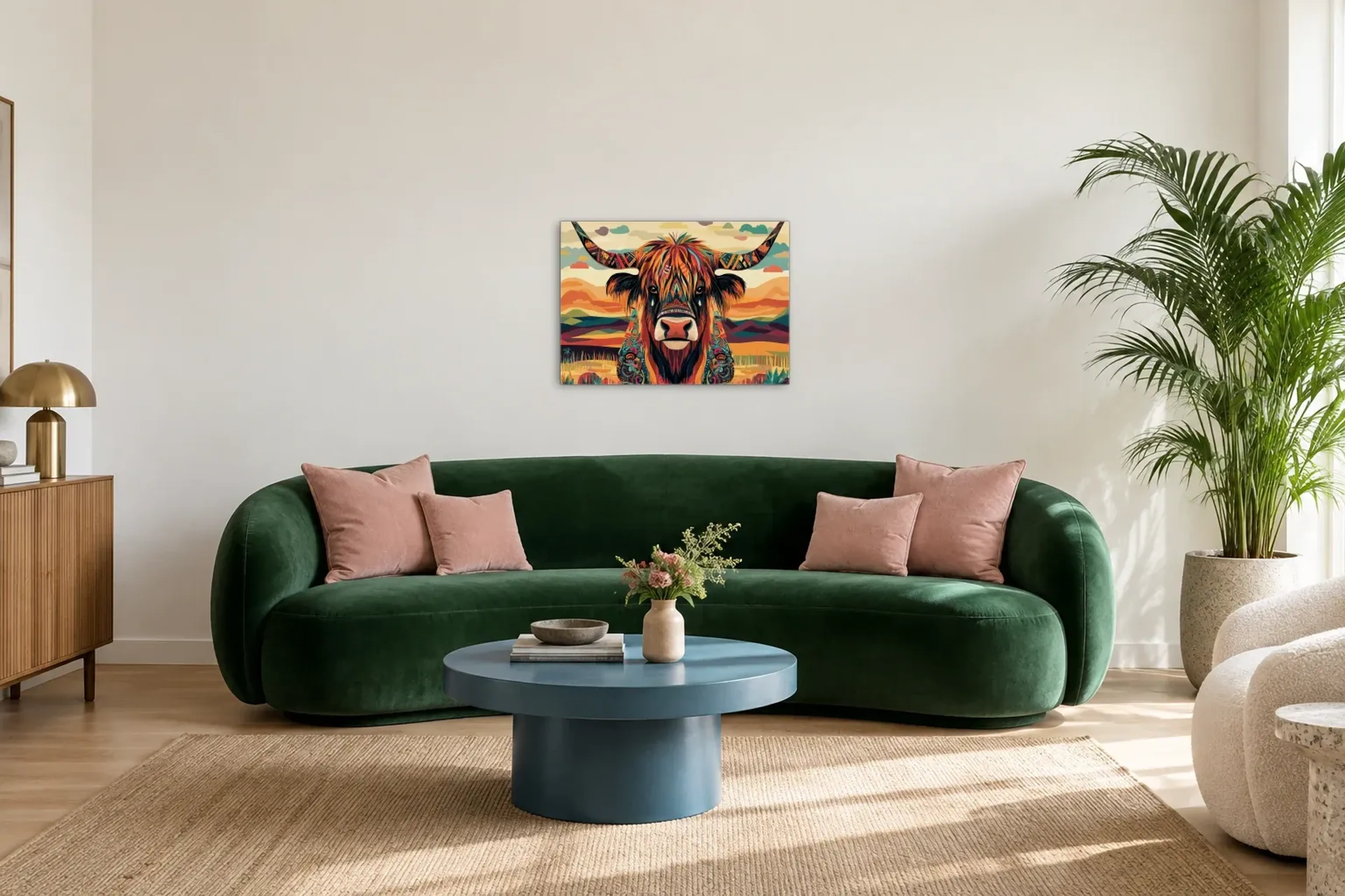 Hochlandrind voller Muster als Wandbild über einem 220-cm-Sofa
