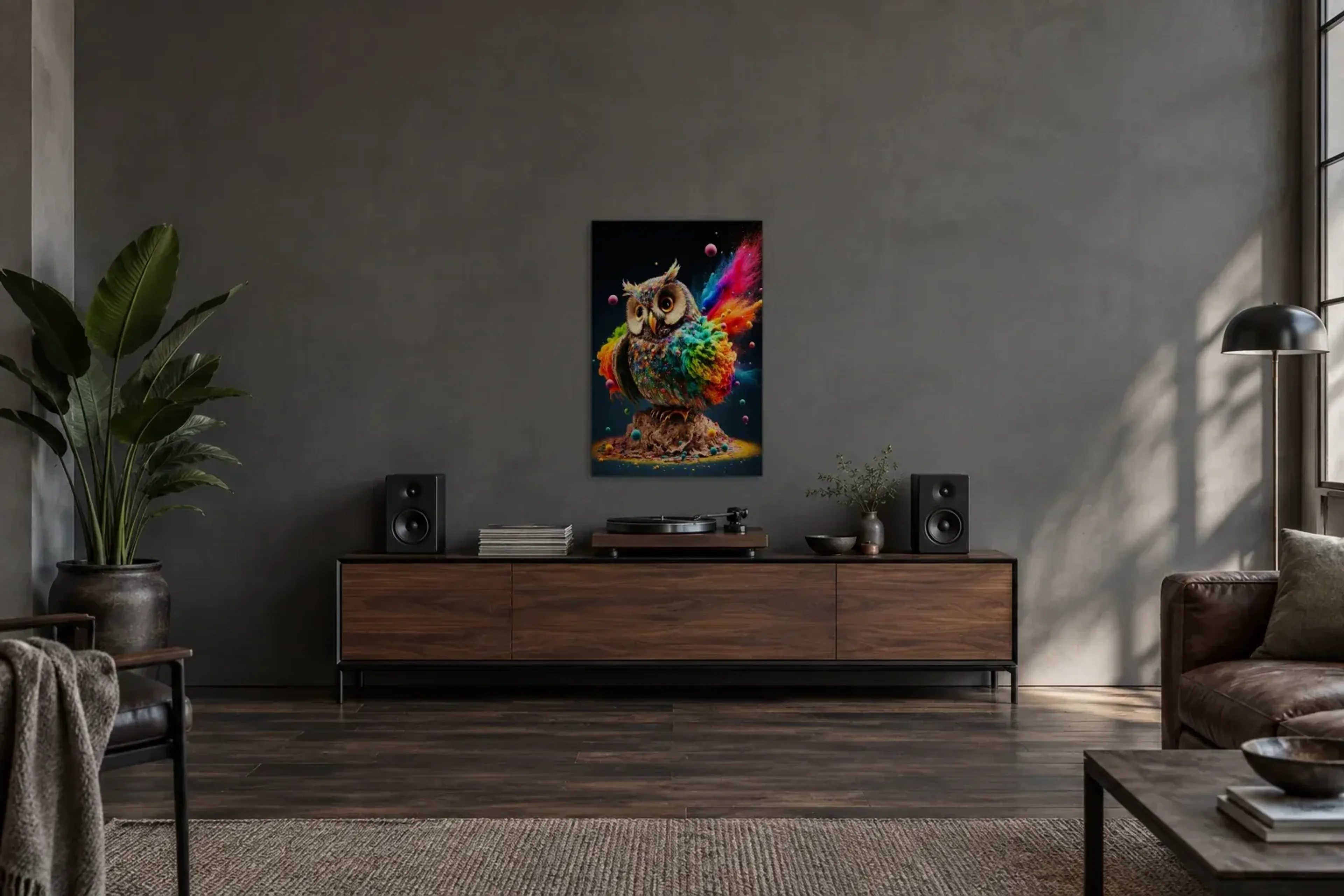 Eule im Farbenwirbel als Wandbild über einem 200-cm-Sideboard
