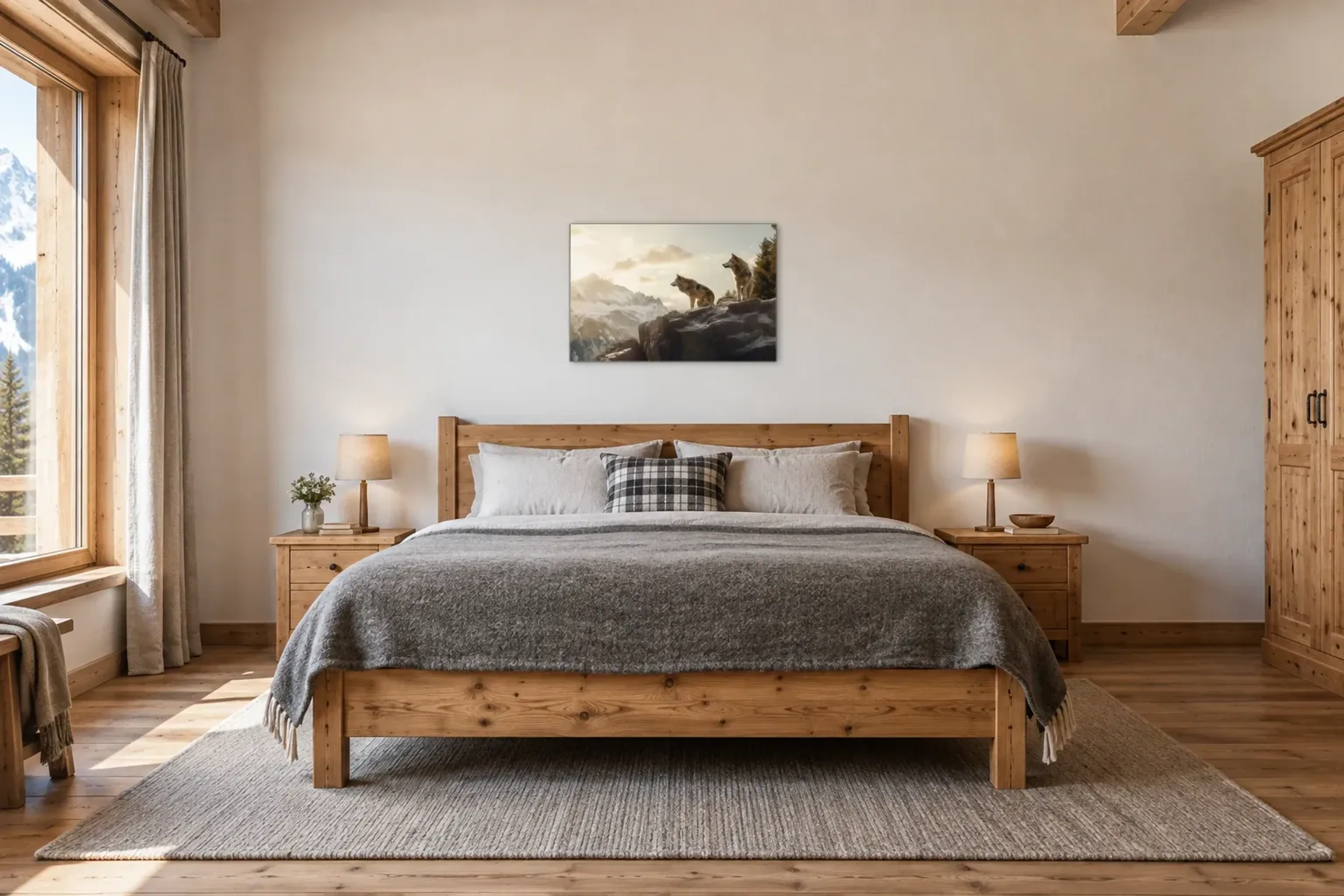 Wölfe über dem Tal als Wandbild über einem 180-cm-Bett