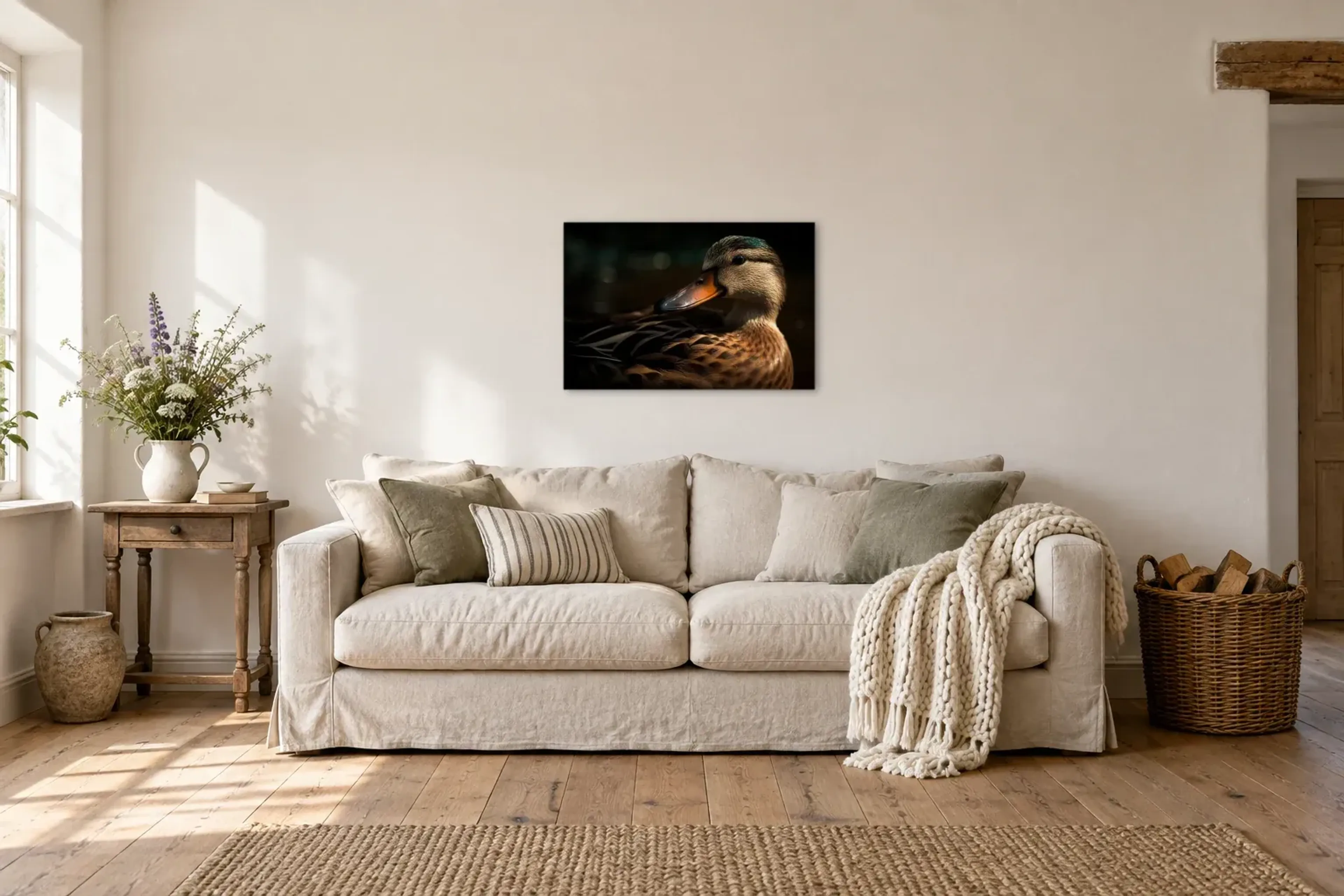 Ente Portrait als Wandbild über einem 220-cm-Sofa