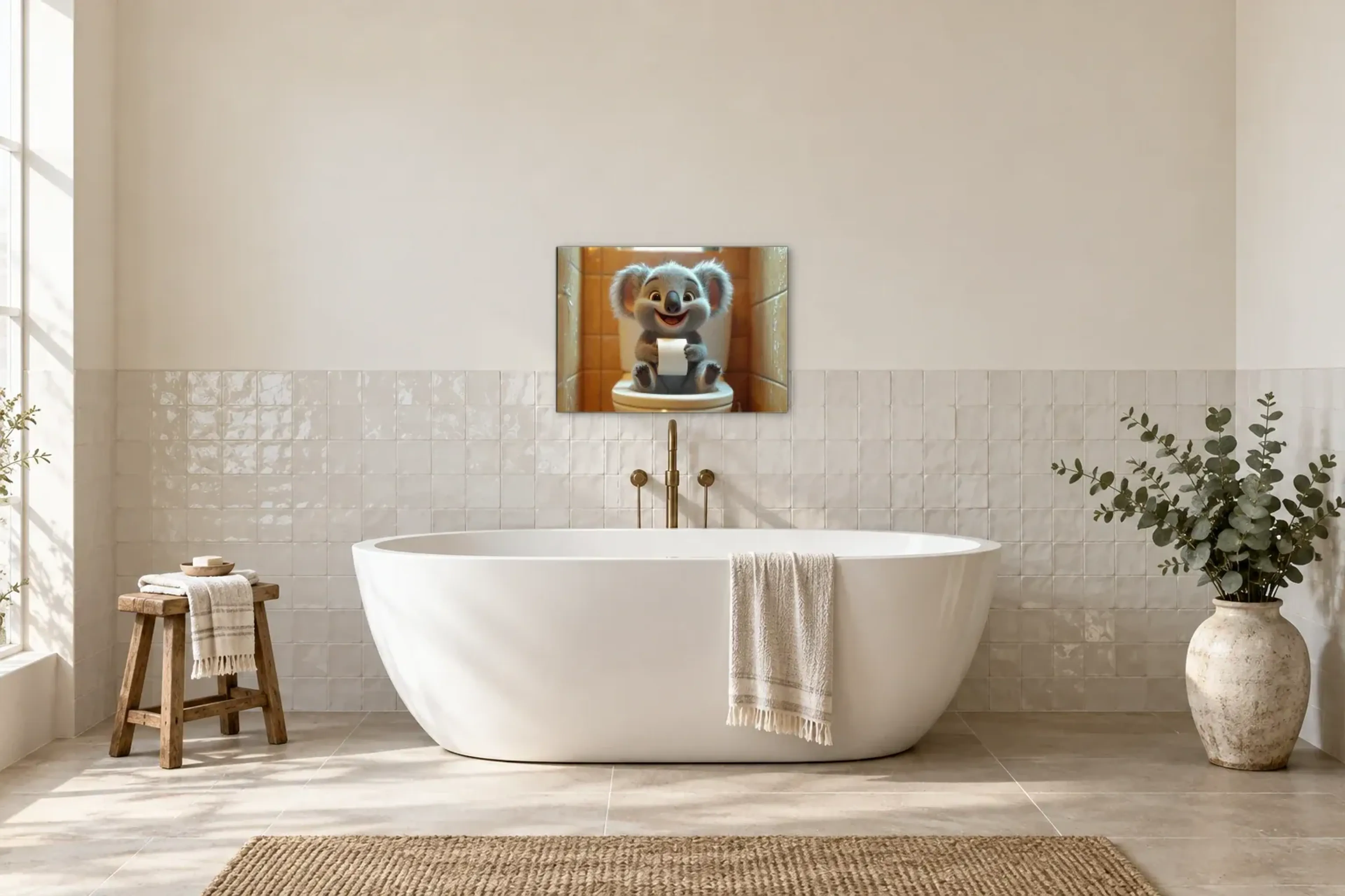 Koala mit Klopapier als Wandbild über einer 170-cm-Badewanne