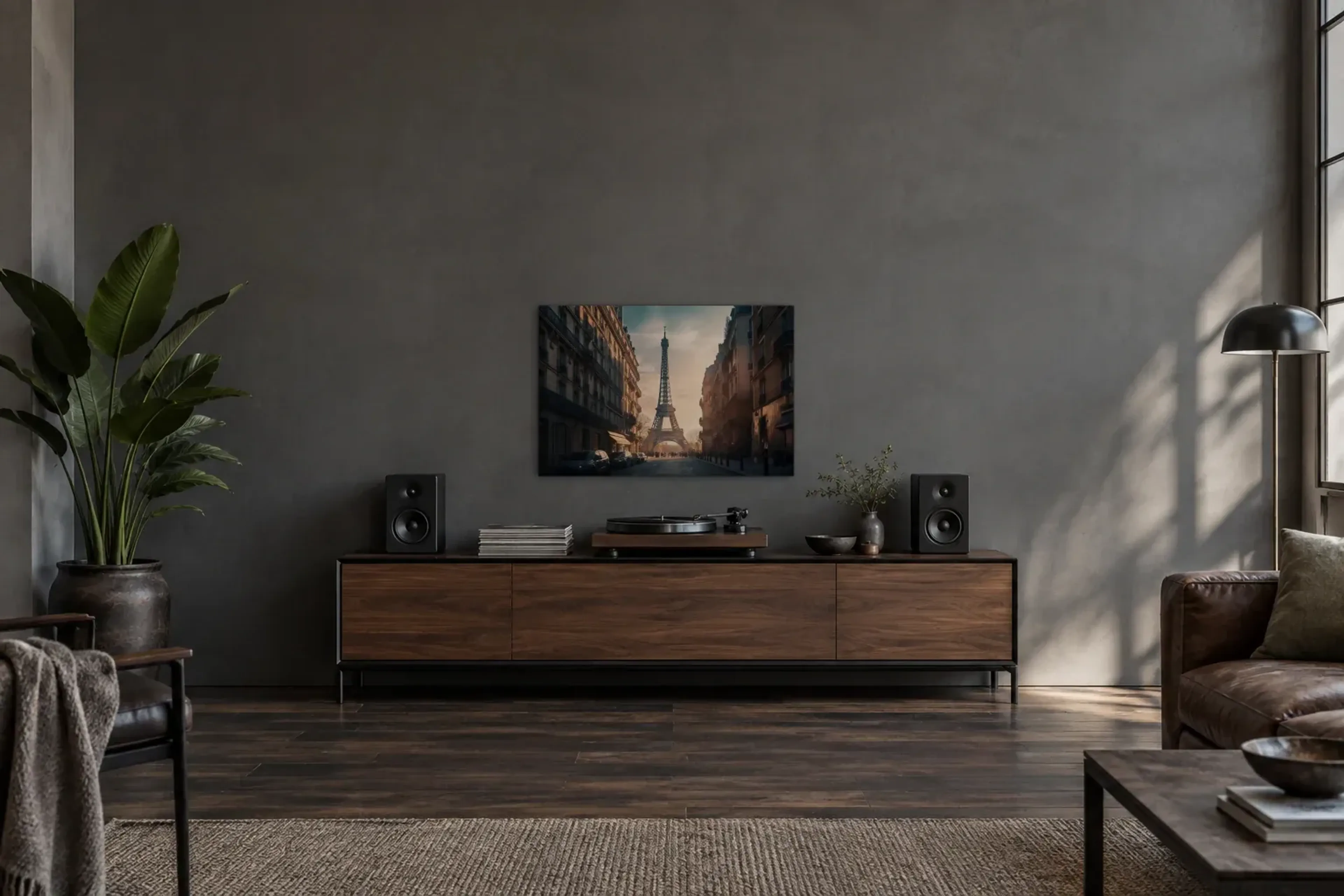 Eiffelturm im Abendlicht als Wandbild über einem 200-cm-Sideboard
