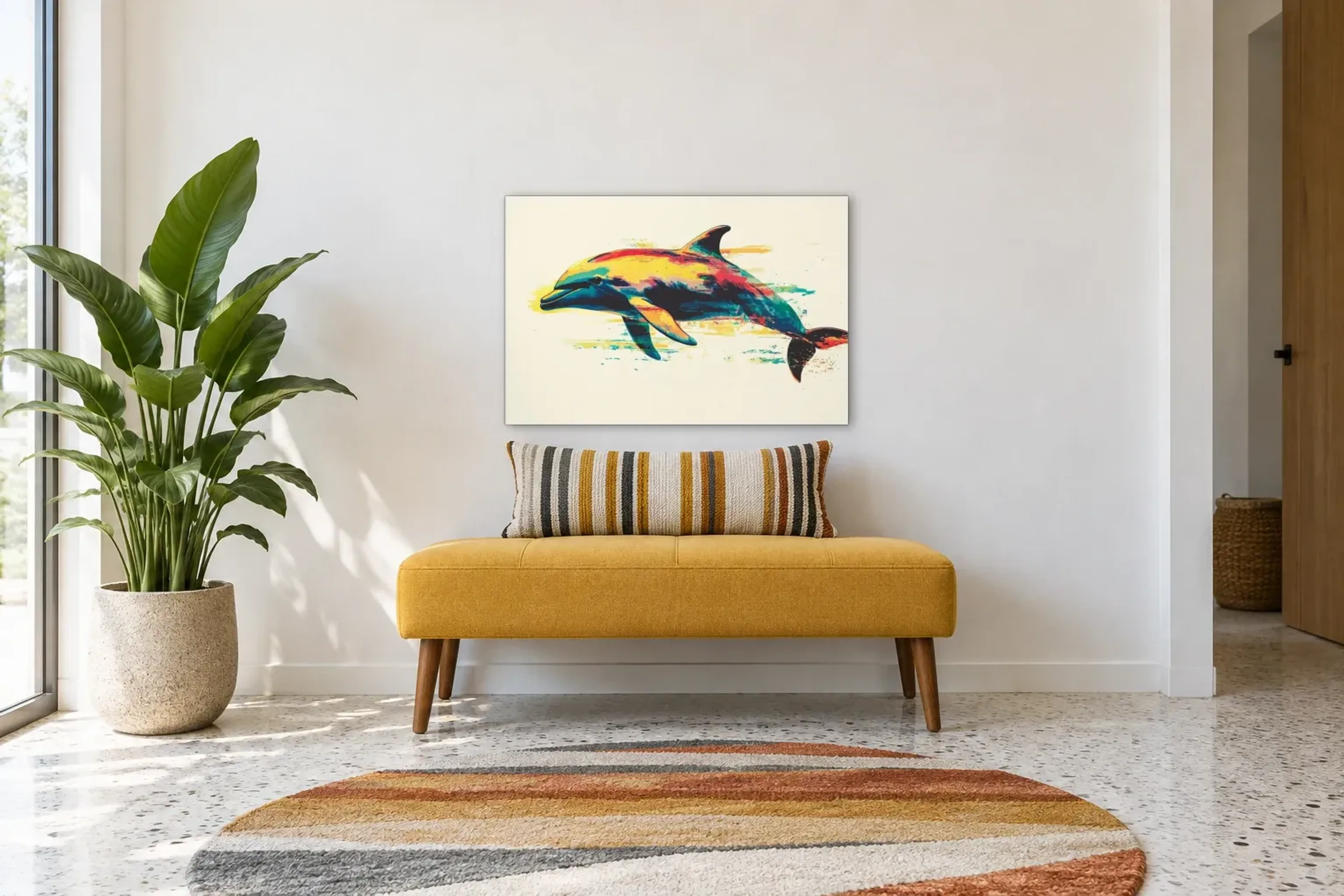Delfin in bunten Farben als Wandbild über einer 120-cm-Bank