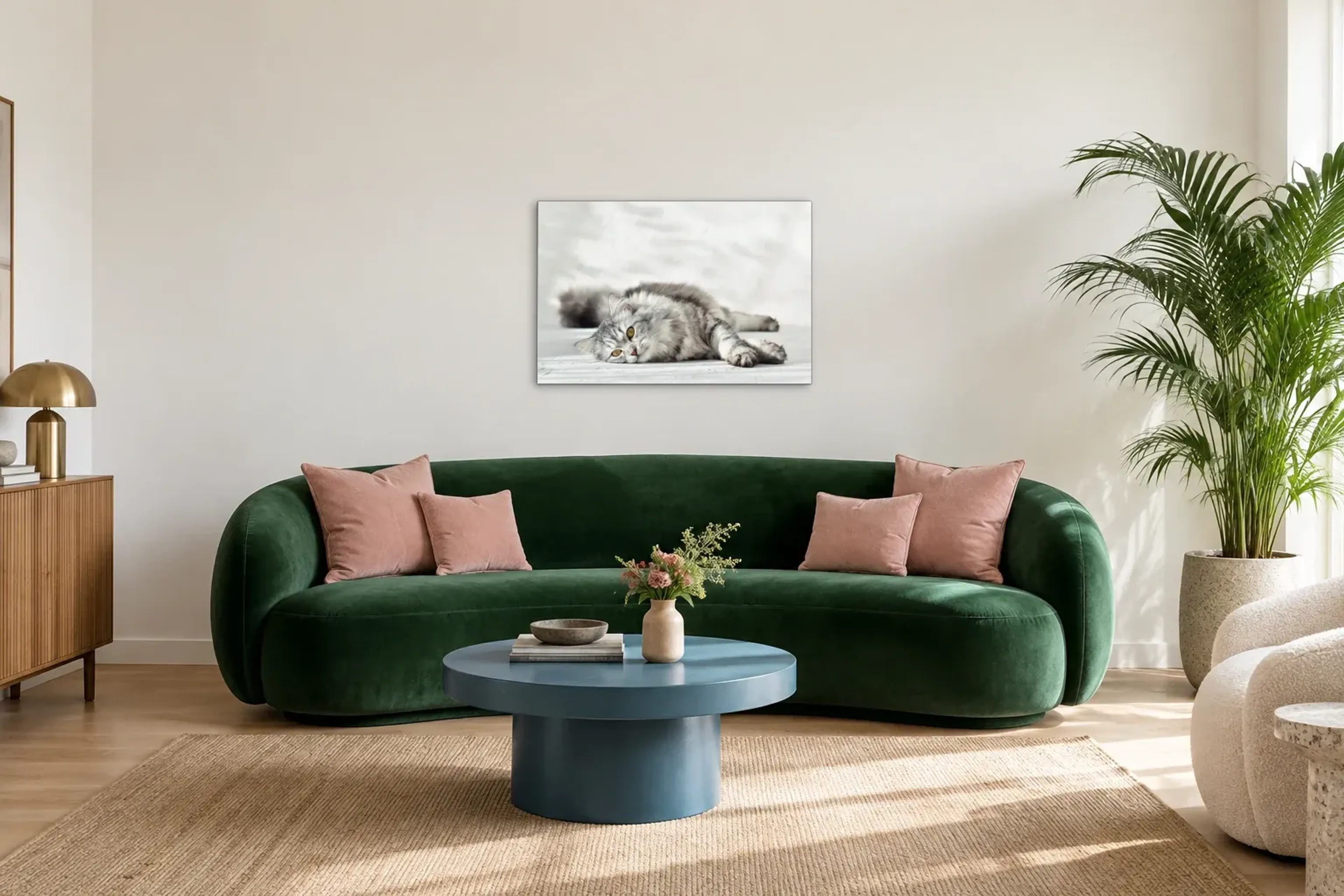 Liegende Katze als Wandbild über einem 220-cm-Sofa