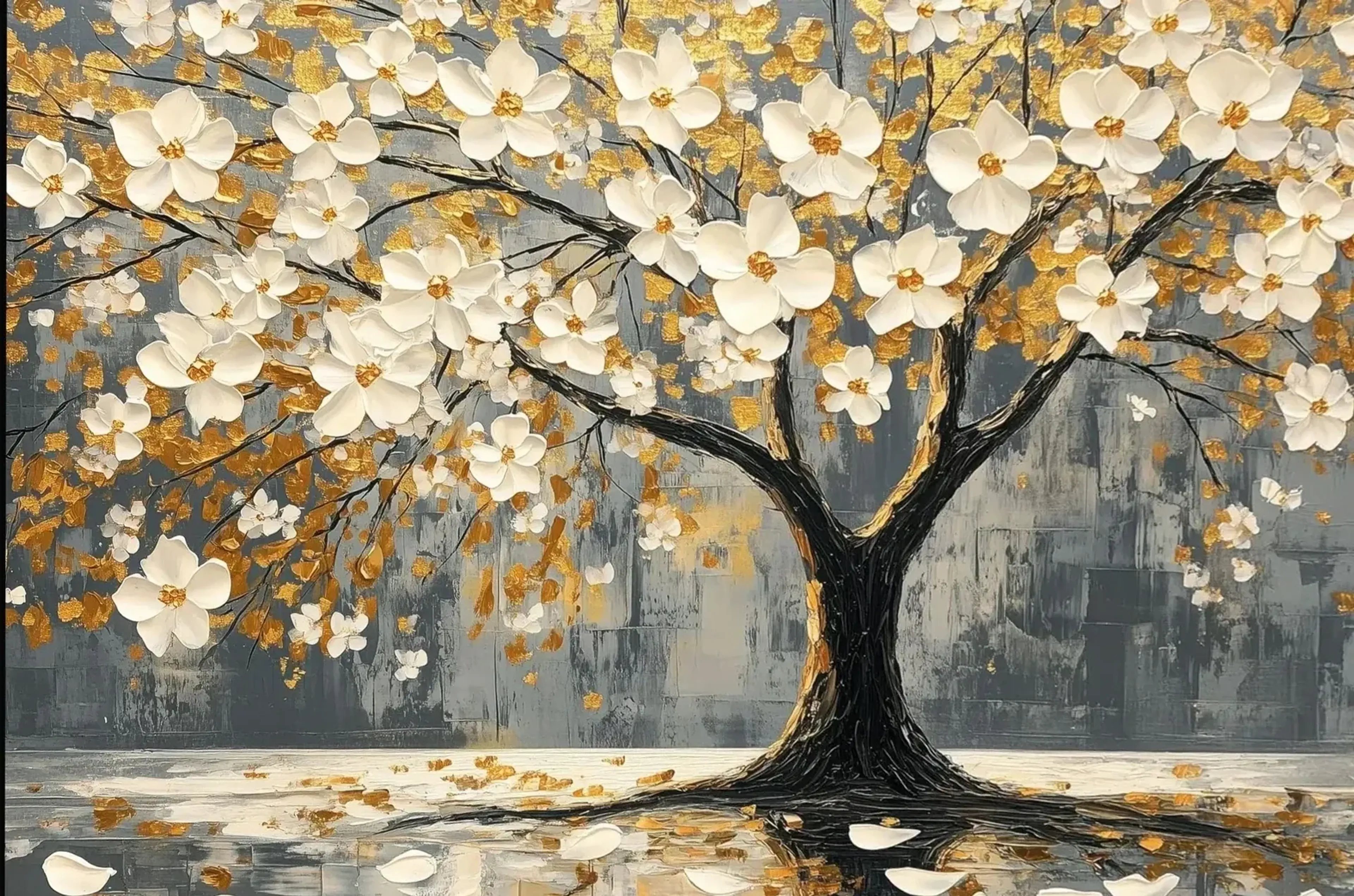 Dunkler Baum mit cremeweißen Blüten und goldfarbenen Akzenten vor grauem Hintergrund auf spiegelndem Boden.