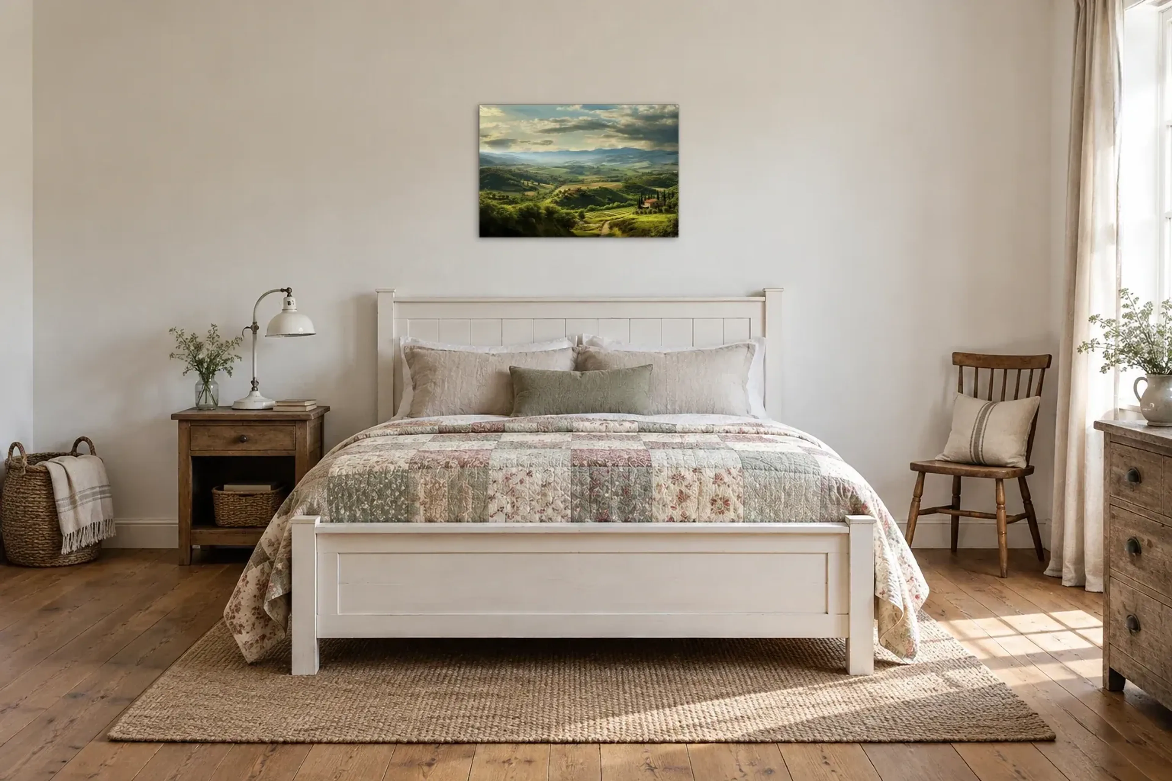 Hügel der Toskana als Wandbild über einem 160-cm-Bett