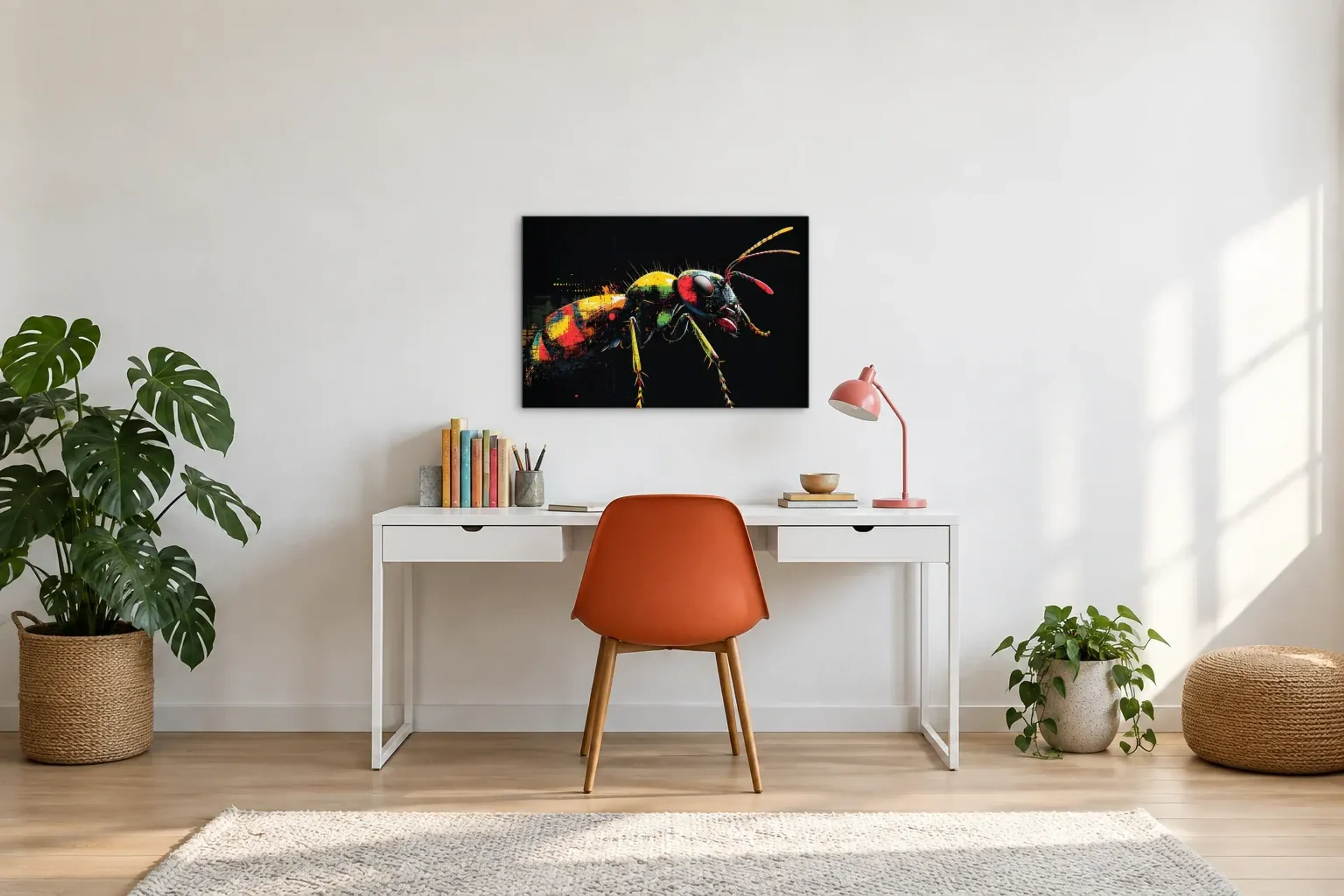Ameise auf Schwarz als Wandbild über einem 140-cm-Schreibtisch