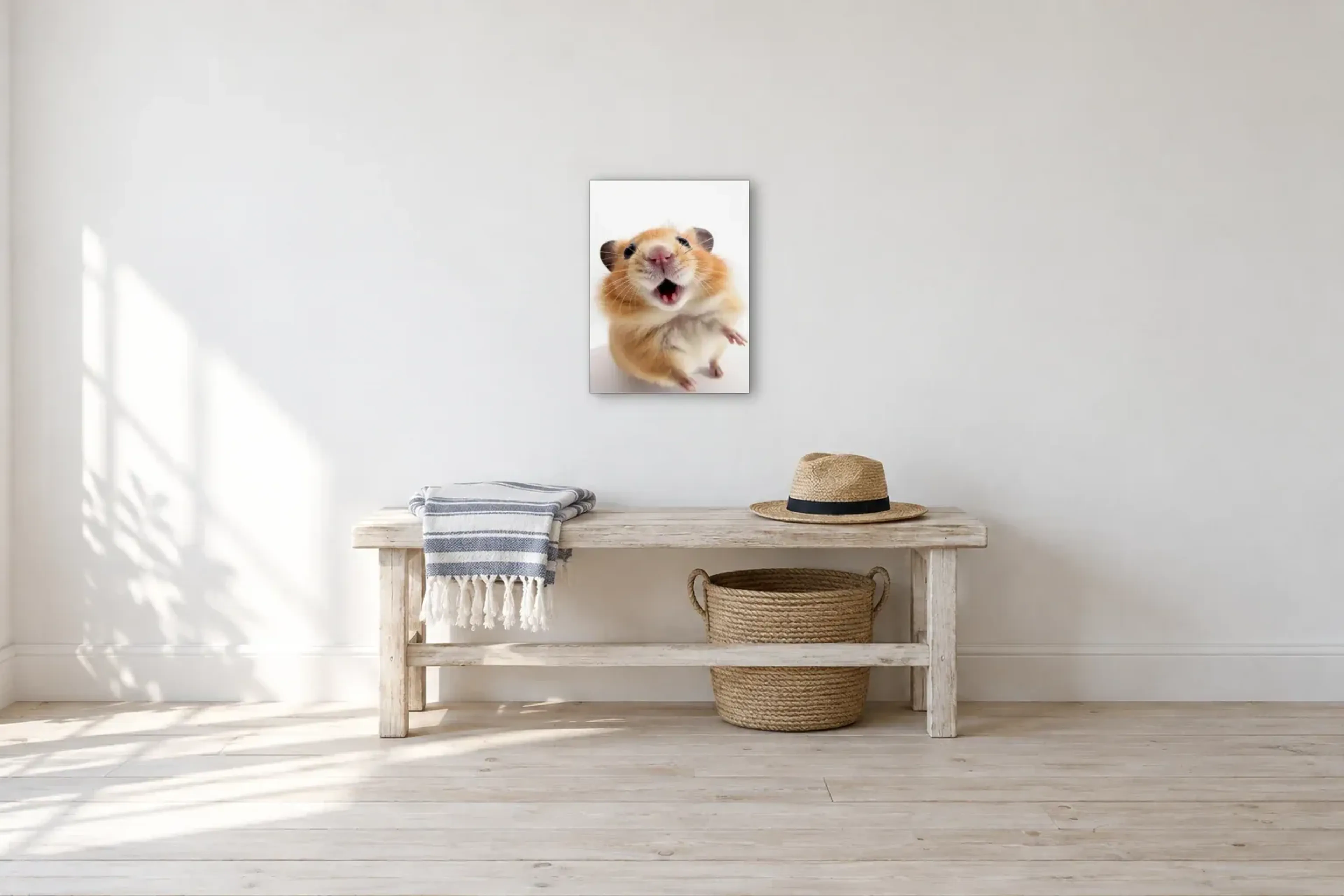 Hamster mit offenem Mäulchen als Wandbild über einer 100-cm-Bank