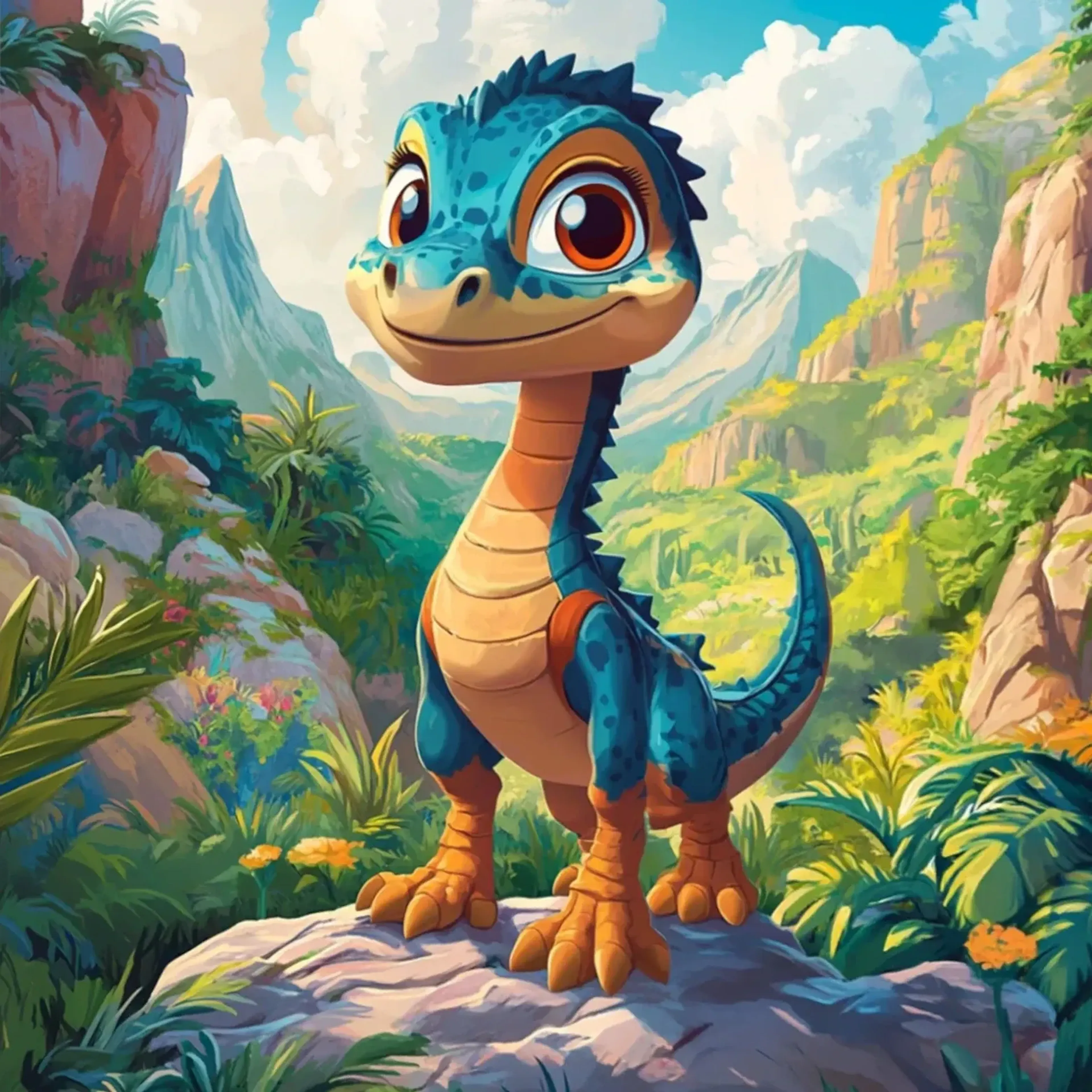 Blauer Dino im Felsental – Motiv als Wandbild auf Holz
