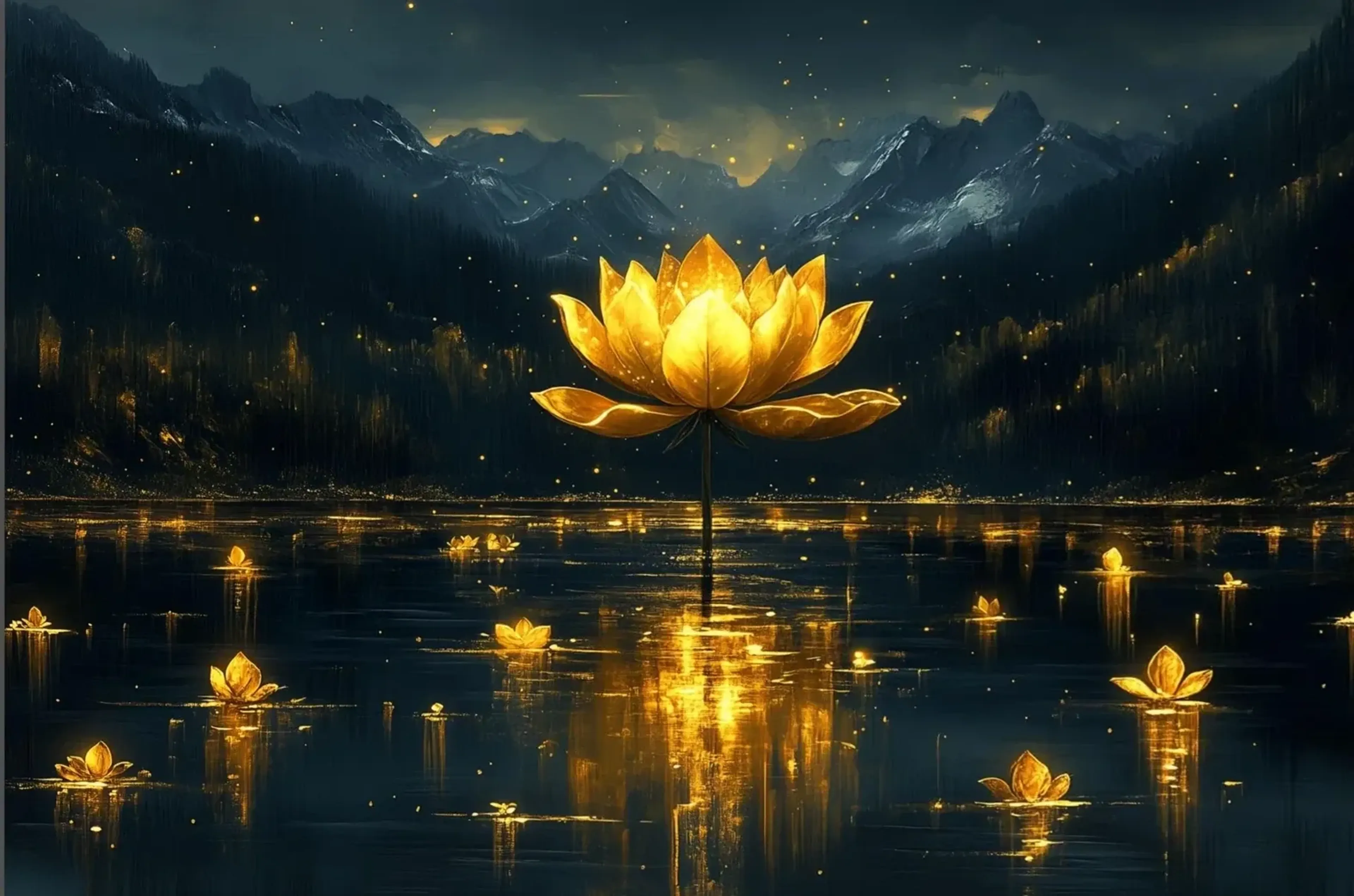 Eine große goldene Lotusblüte erhebt sich über einem dunklen Bergsee mit kleinen leuchtenden Blüten.