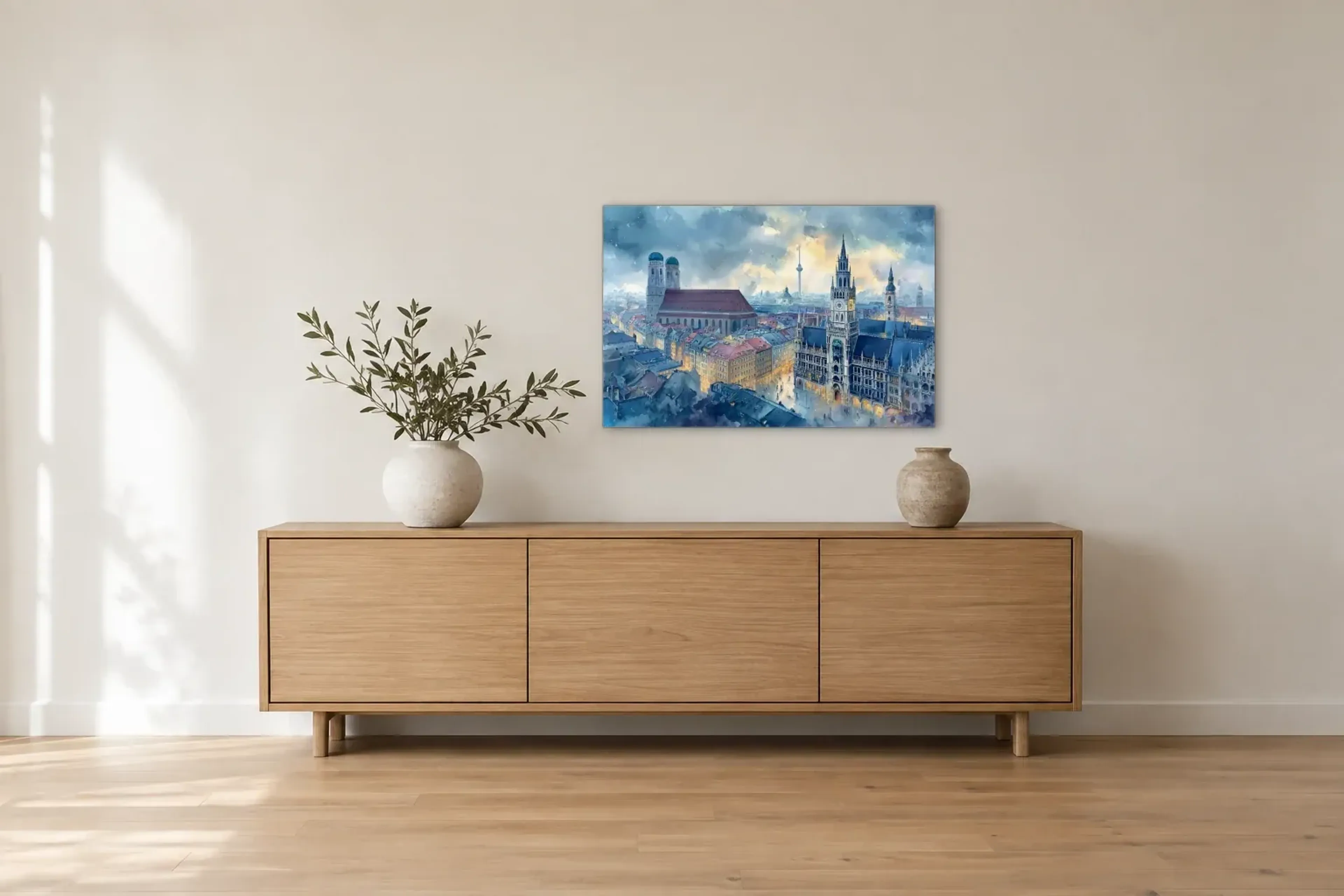 Münchner Dächer in Blau als Wandbild über einem 180-cm-Sideboard