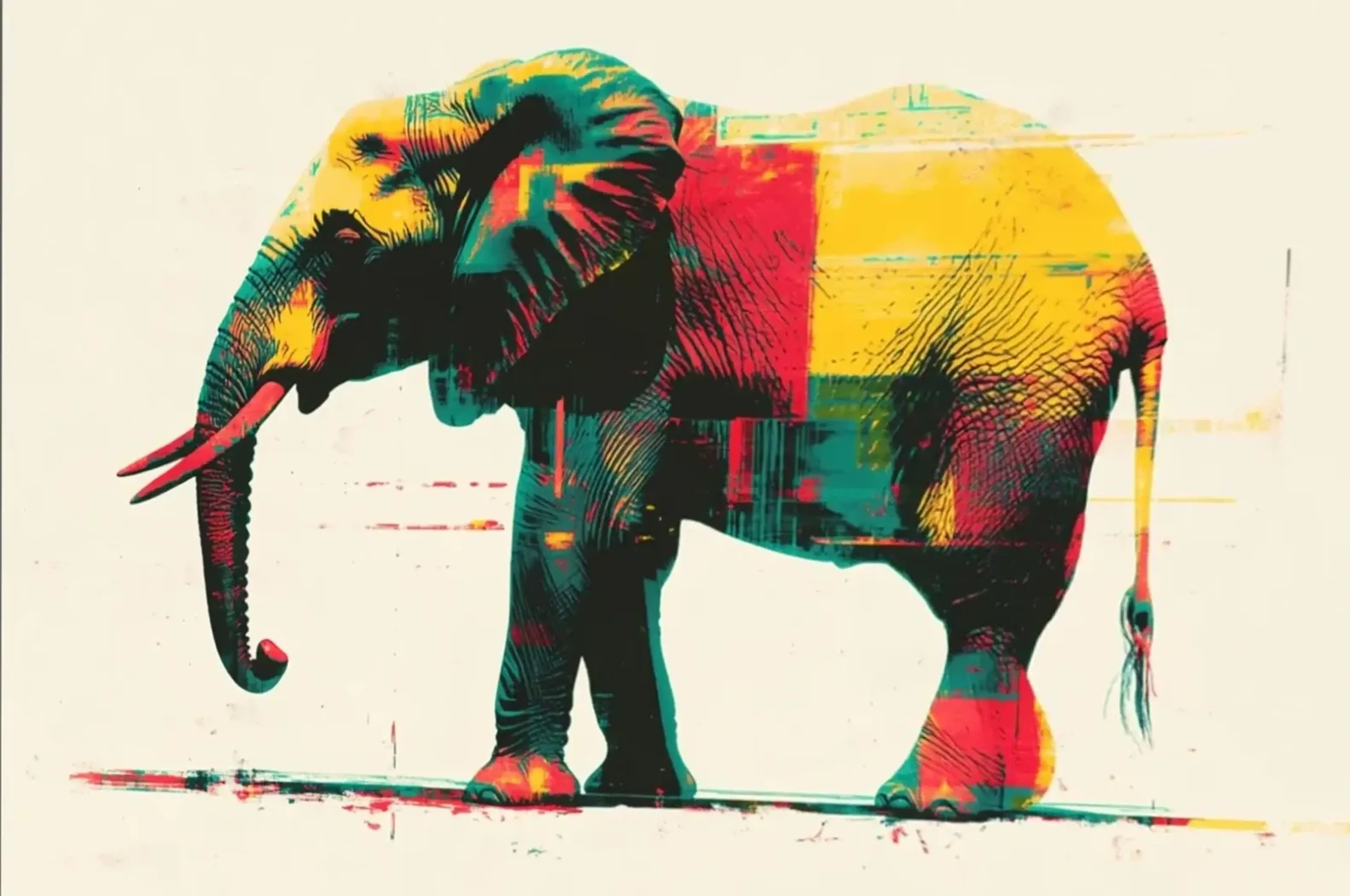 Elefant in Farbflächen – Motiv als Wandbild auf Holz