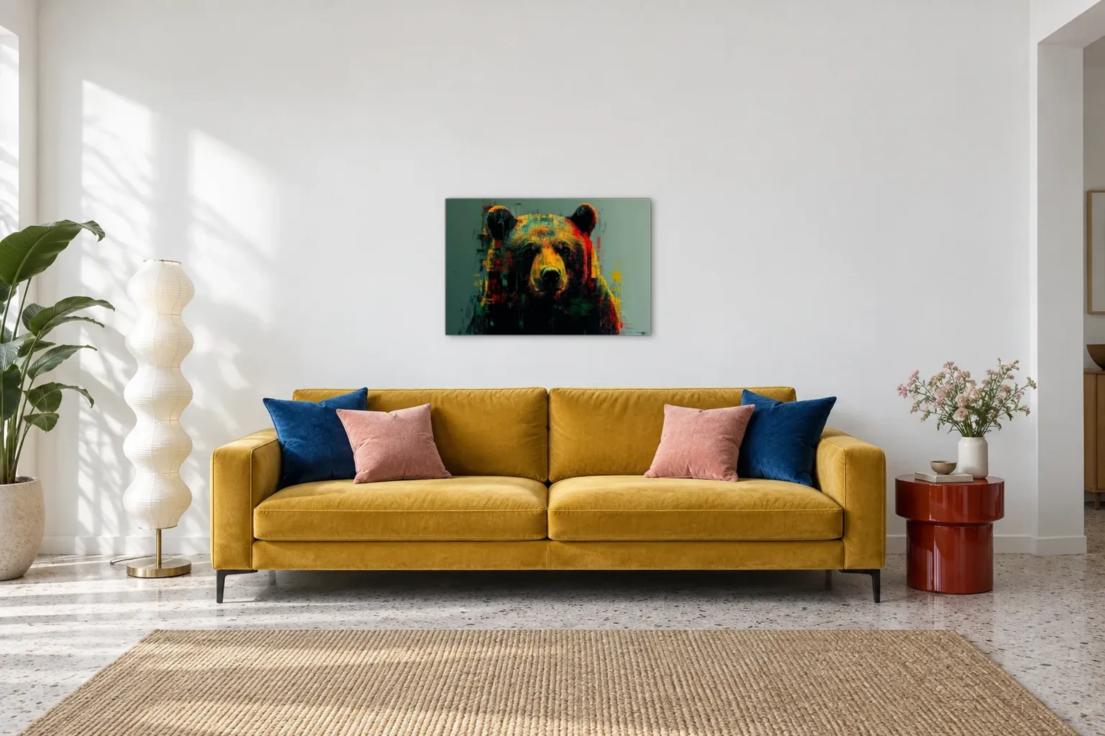 Braunbär mit direktem Blick als Wandbild über einem 220-cm-Sofa