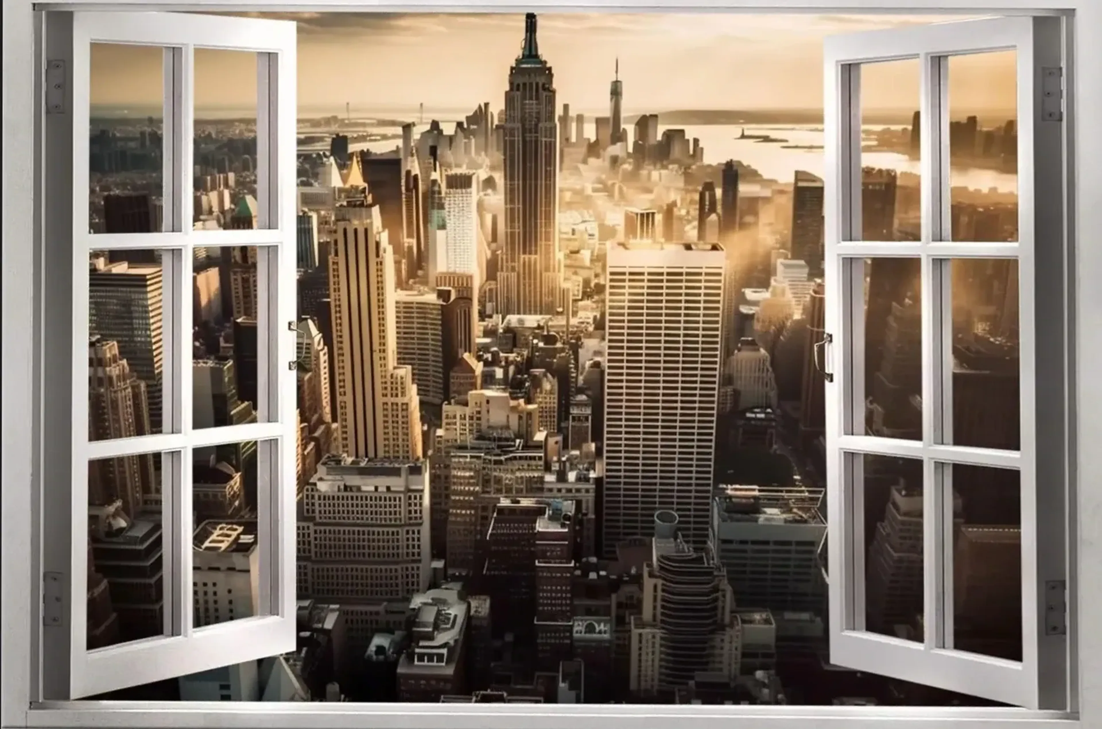 Ein offenes weißes Fenster rahmt New York mit dem Empire State Building und goldenem Dunst zwischen Hochhäusern.
