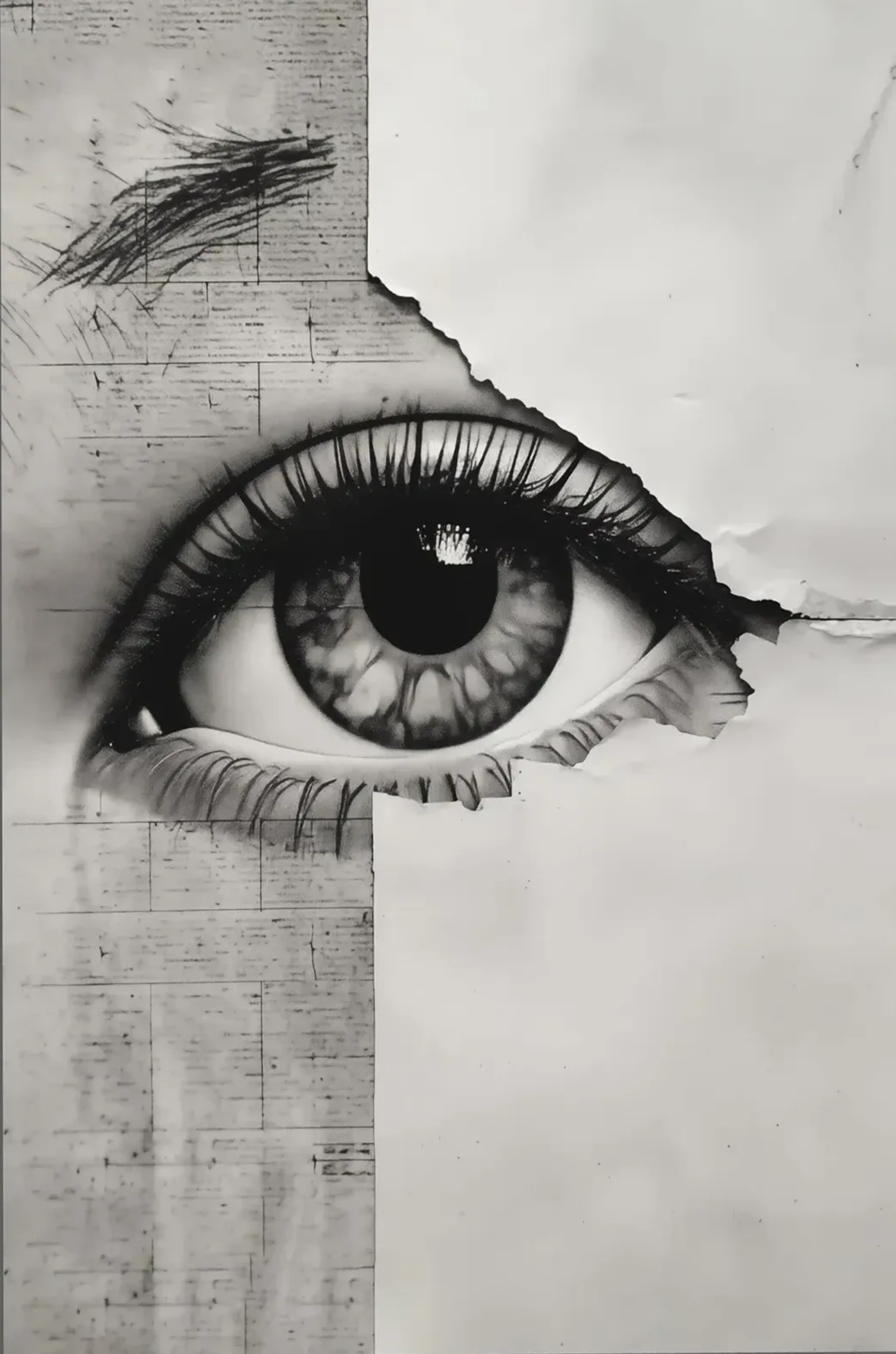 Ein schwarzgraues Auge mit langen Wimpern blickt durch eine scheinbar eingerissene helle Papierfläche.