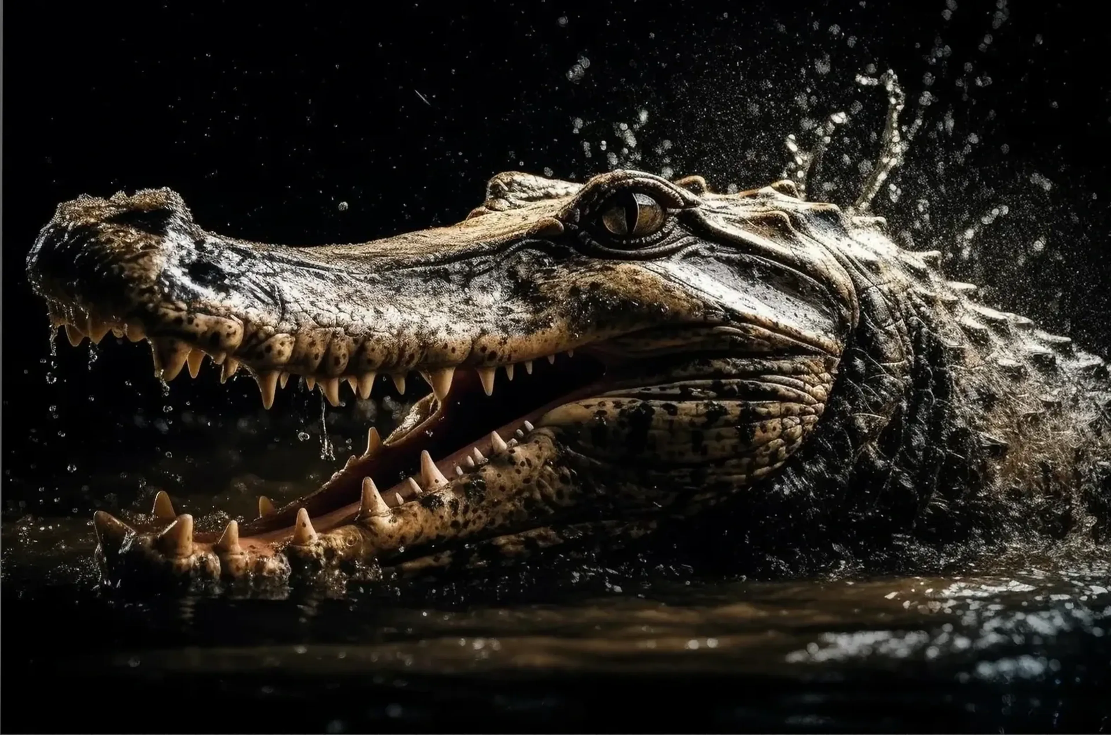 Krokodil mit weit geöffnetem Maul und sichtbaren Zähnen im Wasser, umgeben von spritzenden Tropfen.
