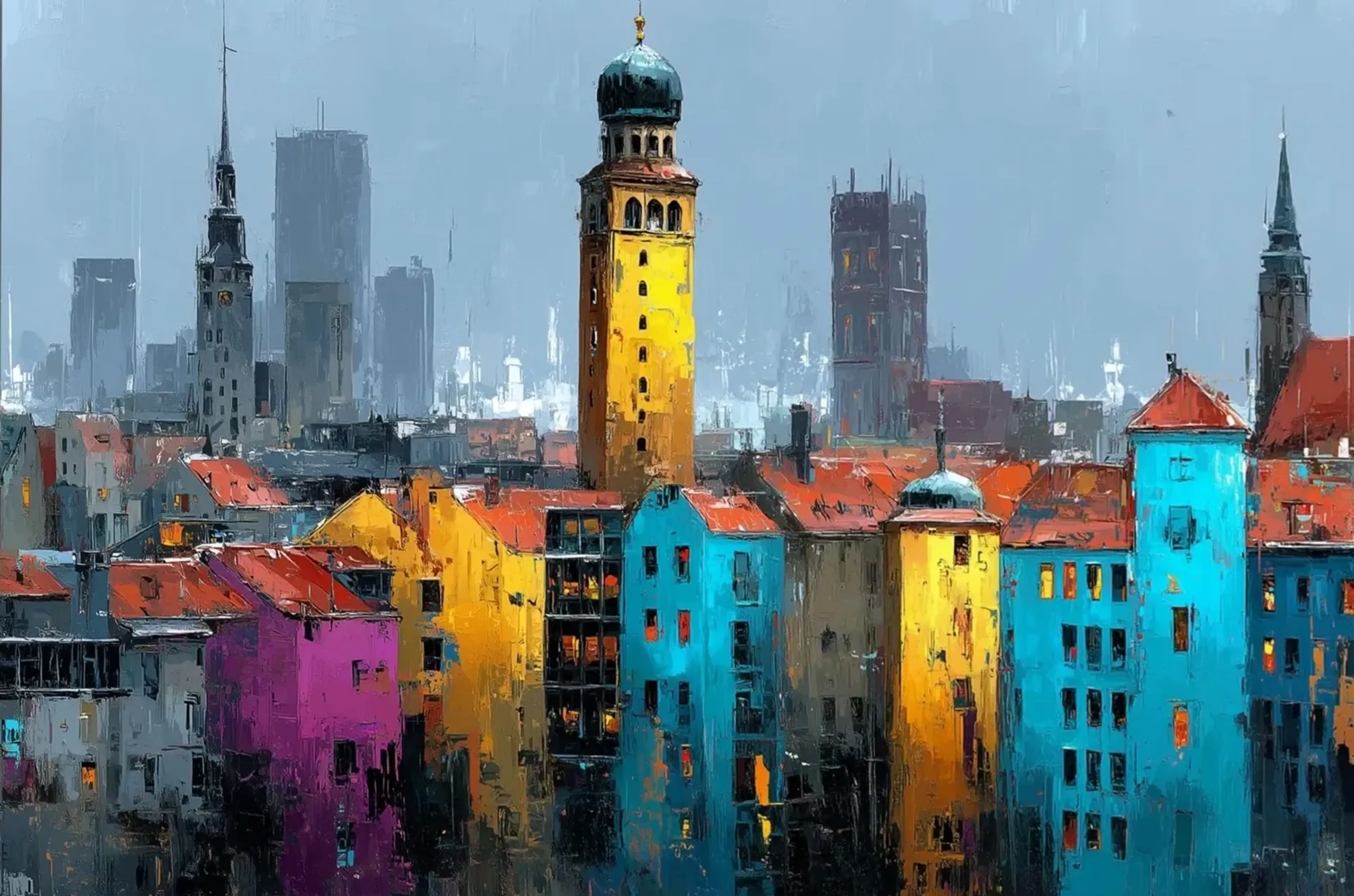 Türkise, gelbe und violette Häuser mit roten Dächern umgeben einen hohen gelben Kuppelturm vor graublauem Himmel.