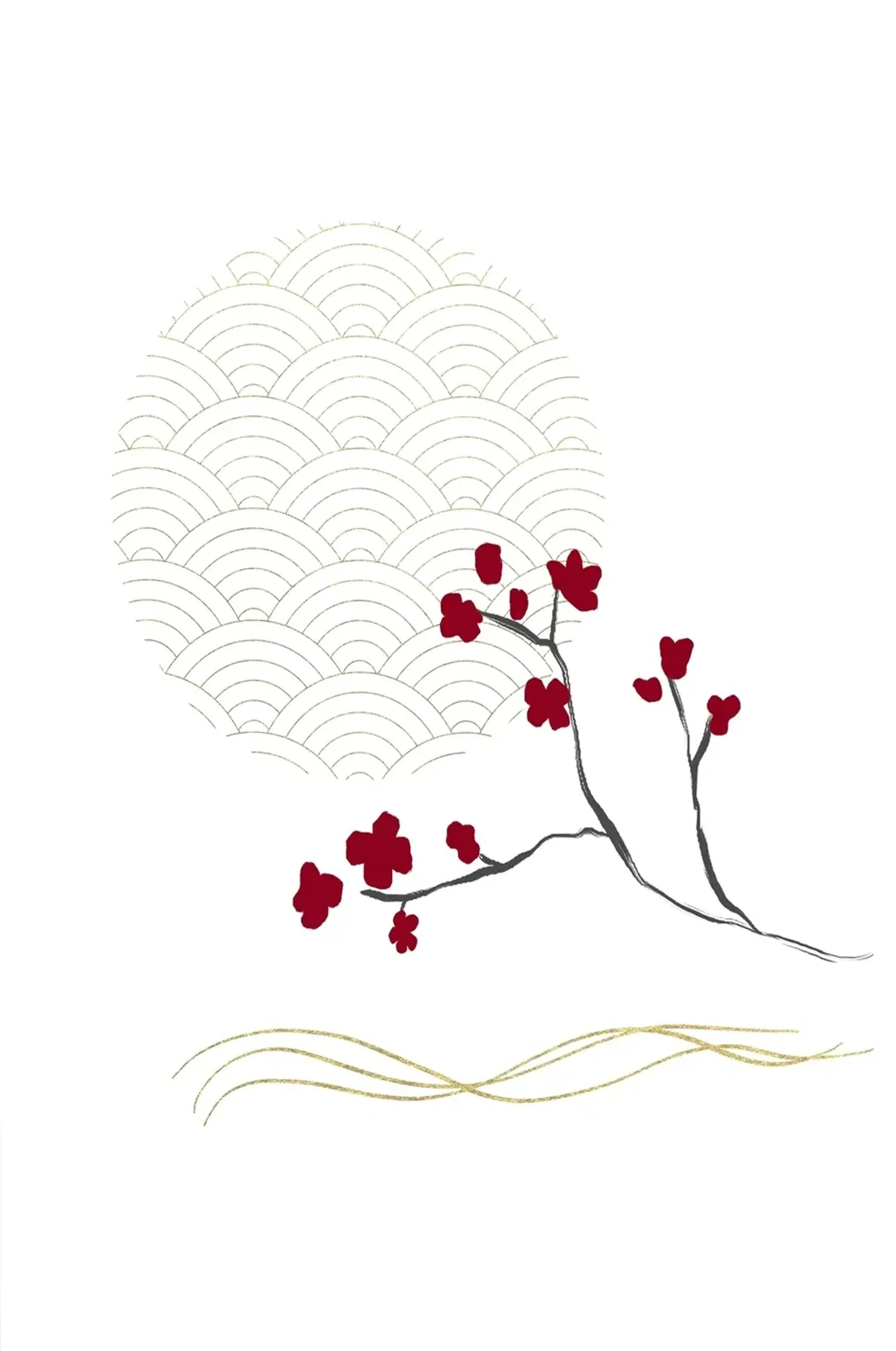 Rote Blüten an einem dunklen Zweig vor einem goldfarbenen Kreis aus Wellenmustern, darunter feine goldfarbene Linien.