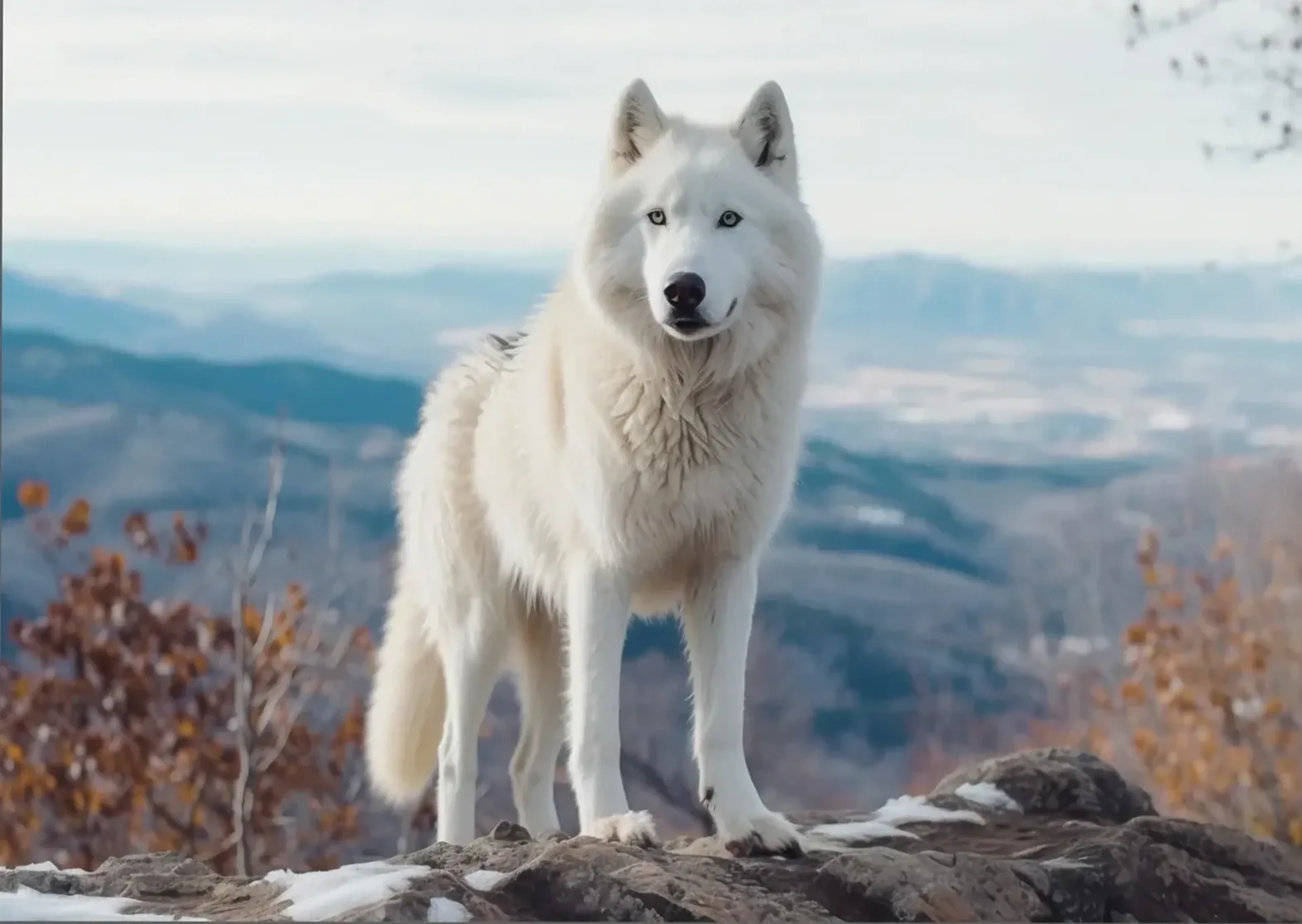 Ein weißer Wolf steht auf einem Felsvorsprung mit Schneeresten vor einer weiten, bewaldeten Hügellandschaft.