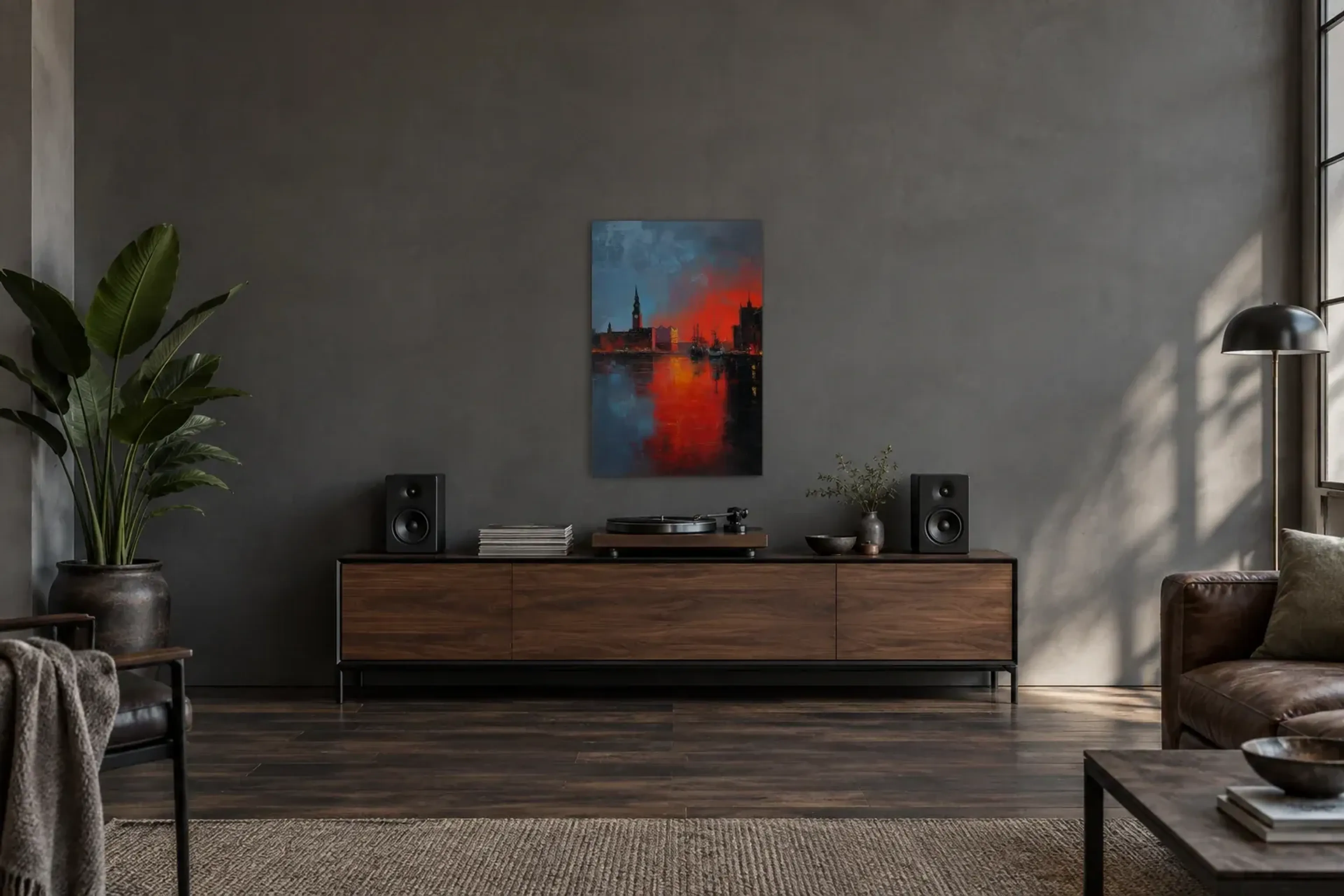 Hamburg im roten Abendlicht als Wandbild über einem 200-cm-Sideboard