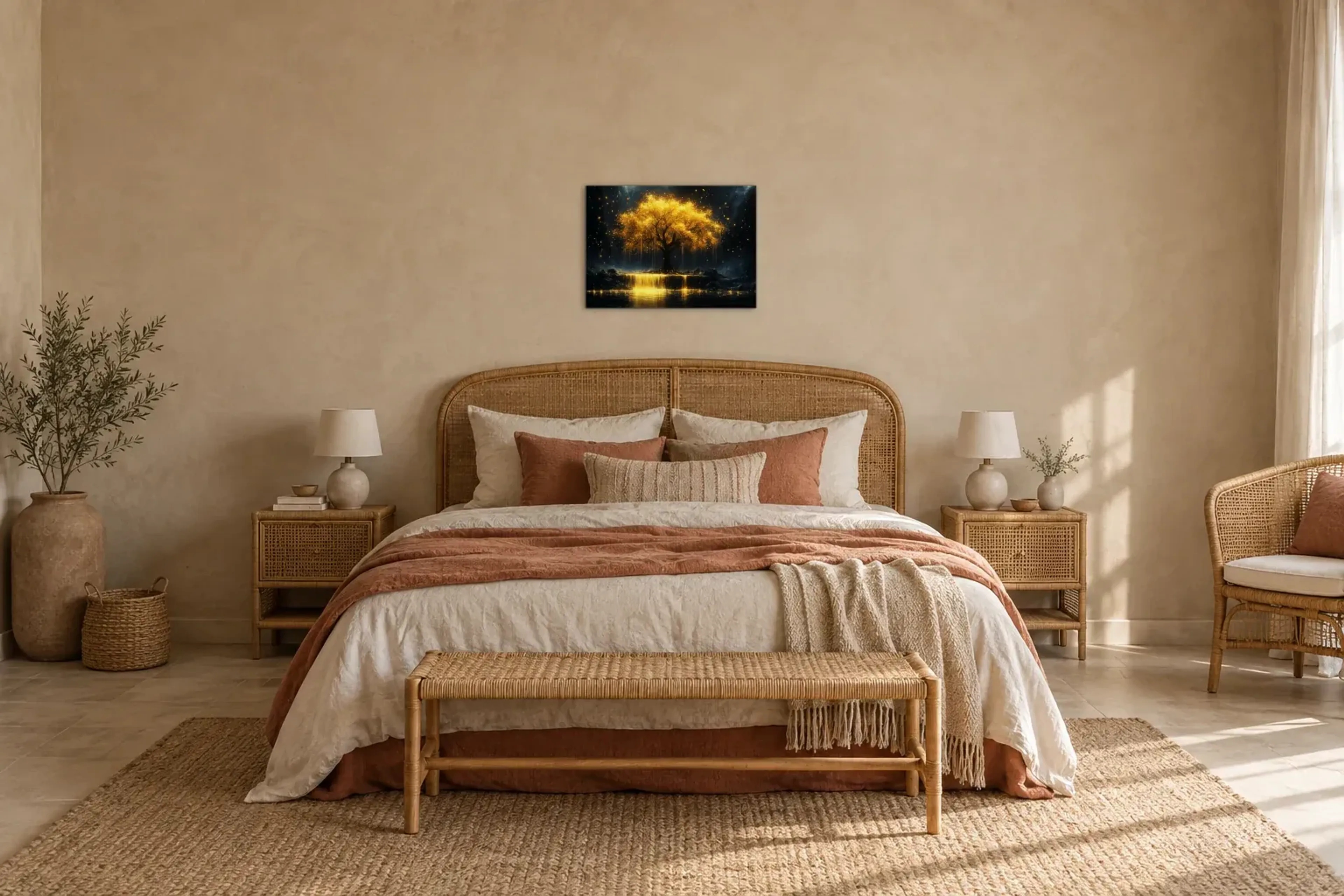 Goldbaum über leuchtendem Wasser als Wandbild über einem 180-cm-Bett