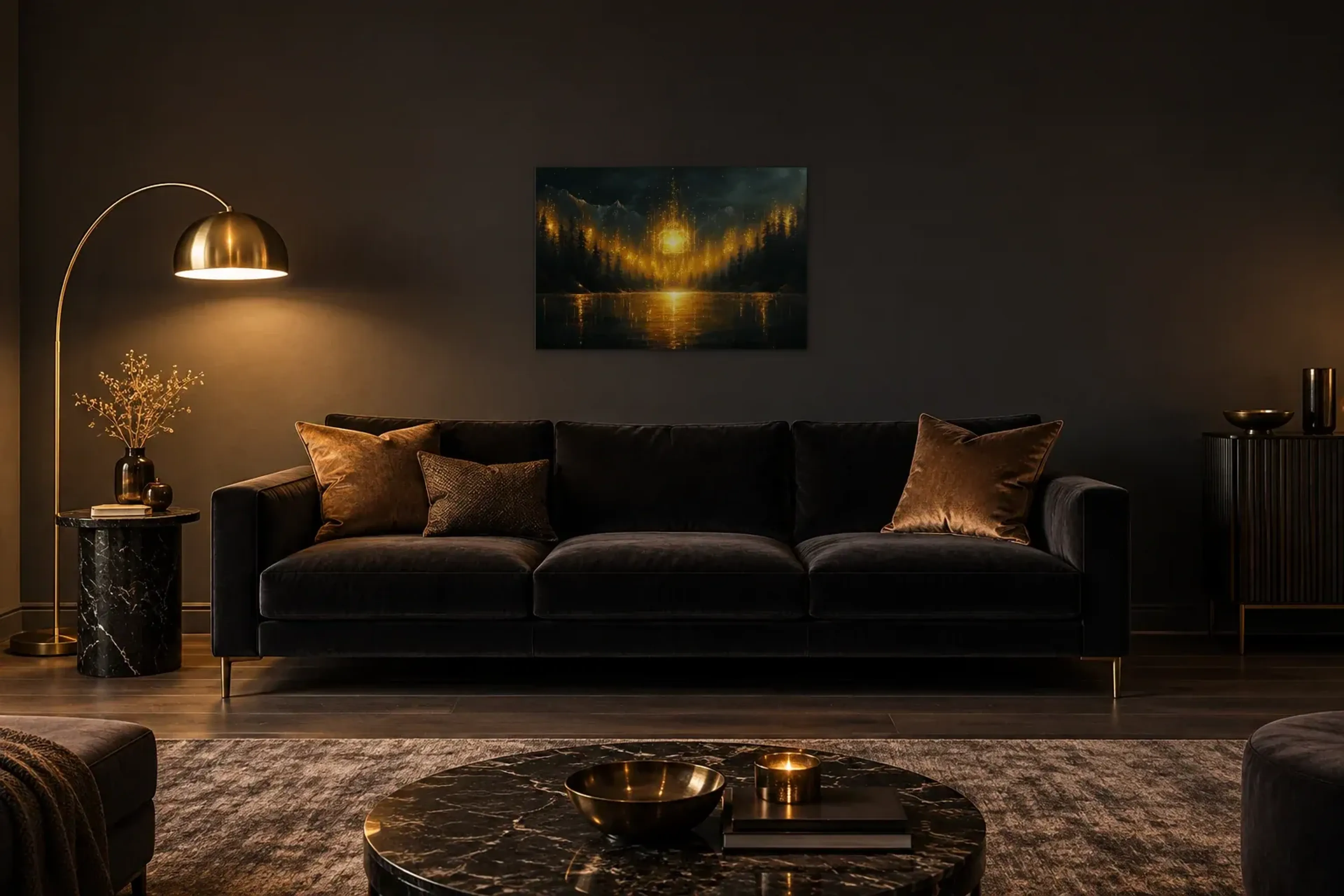 Leuchtender Würfel als Wandbild über einem 220-cm-Sofa