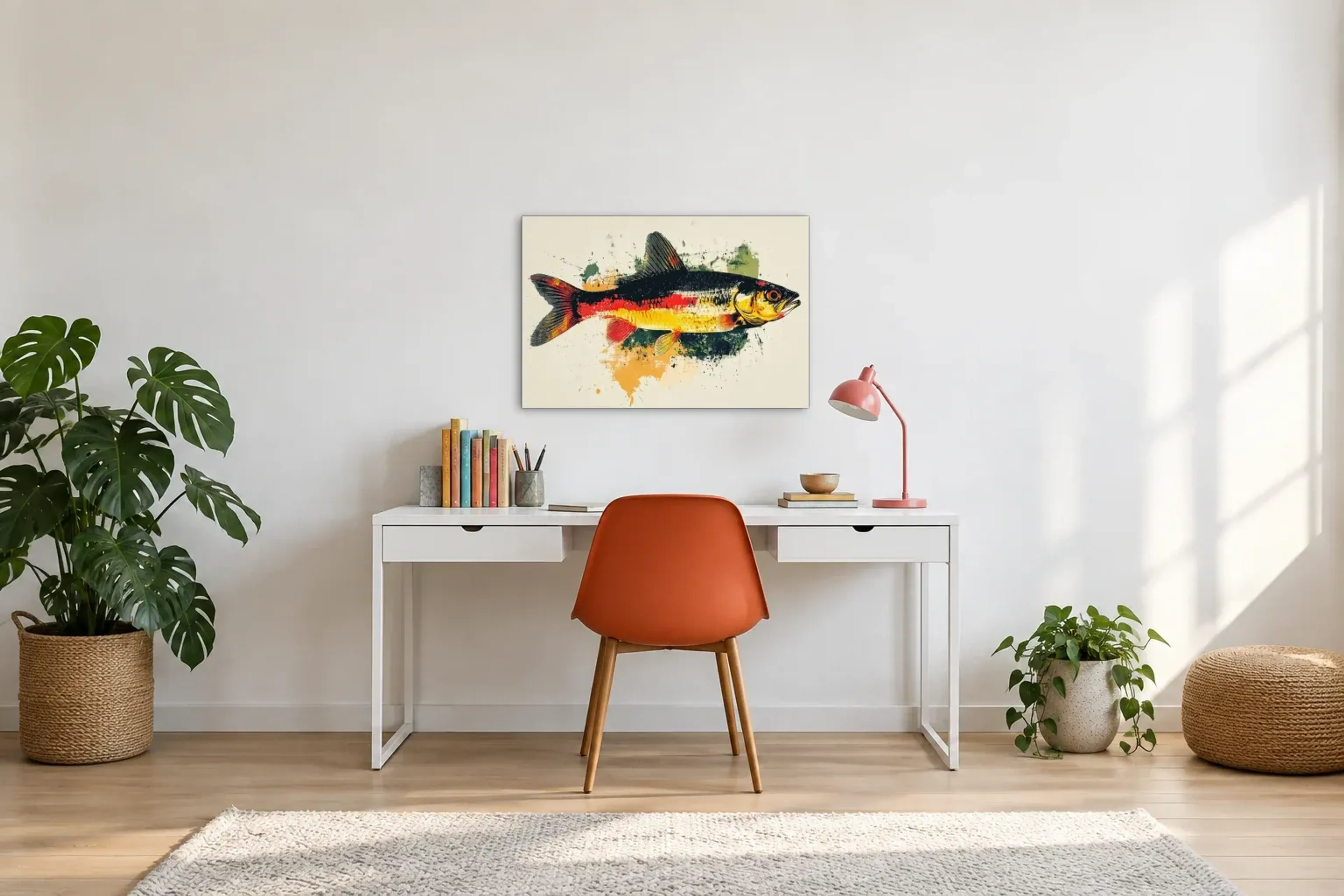 Fisch in Rotgelb als Wandbild über einem 140-cm-Schreibtisch
