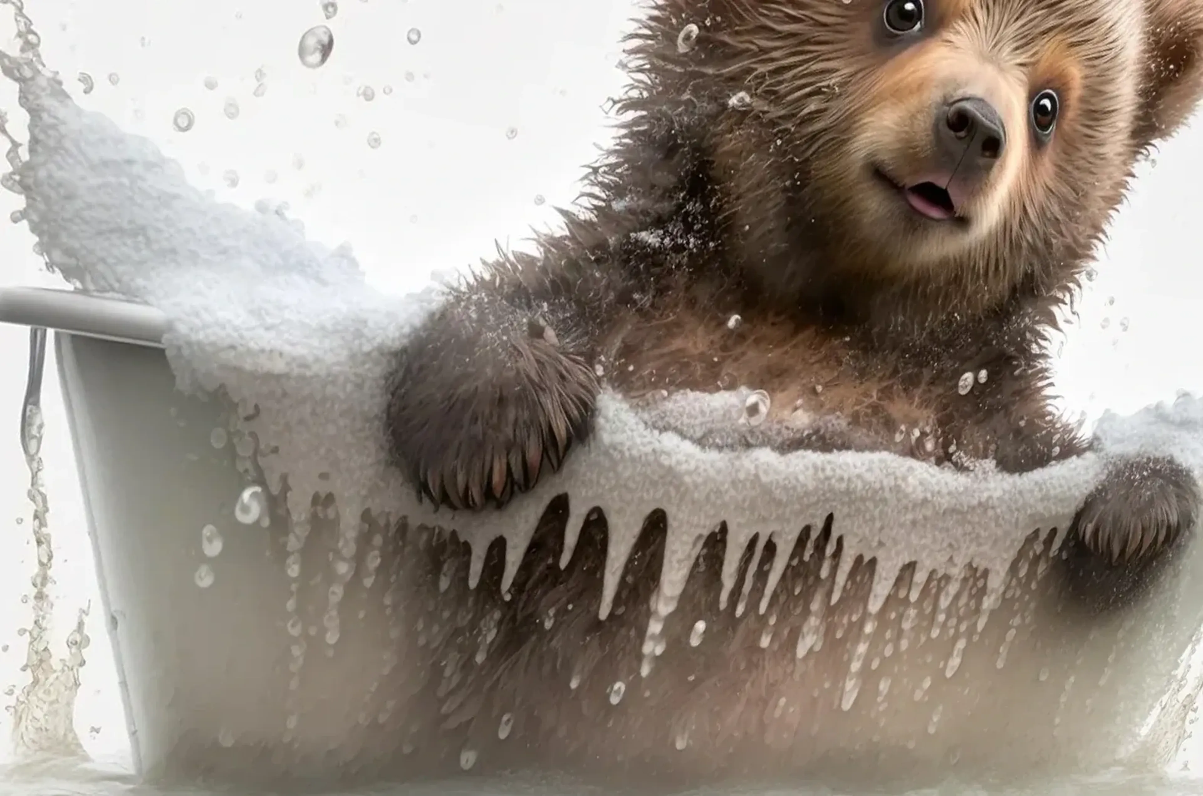 Brauner Bär mit schrägem Kopf und nassem Fell in einer hellen Badewanne voller Schaum und spritzendem Wasser.