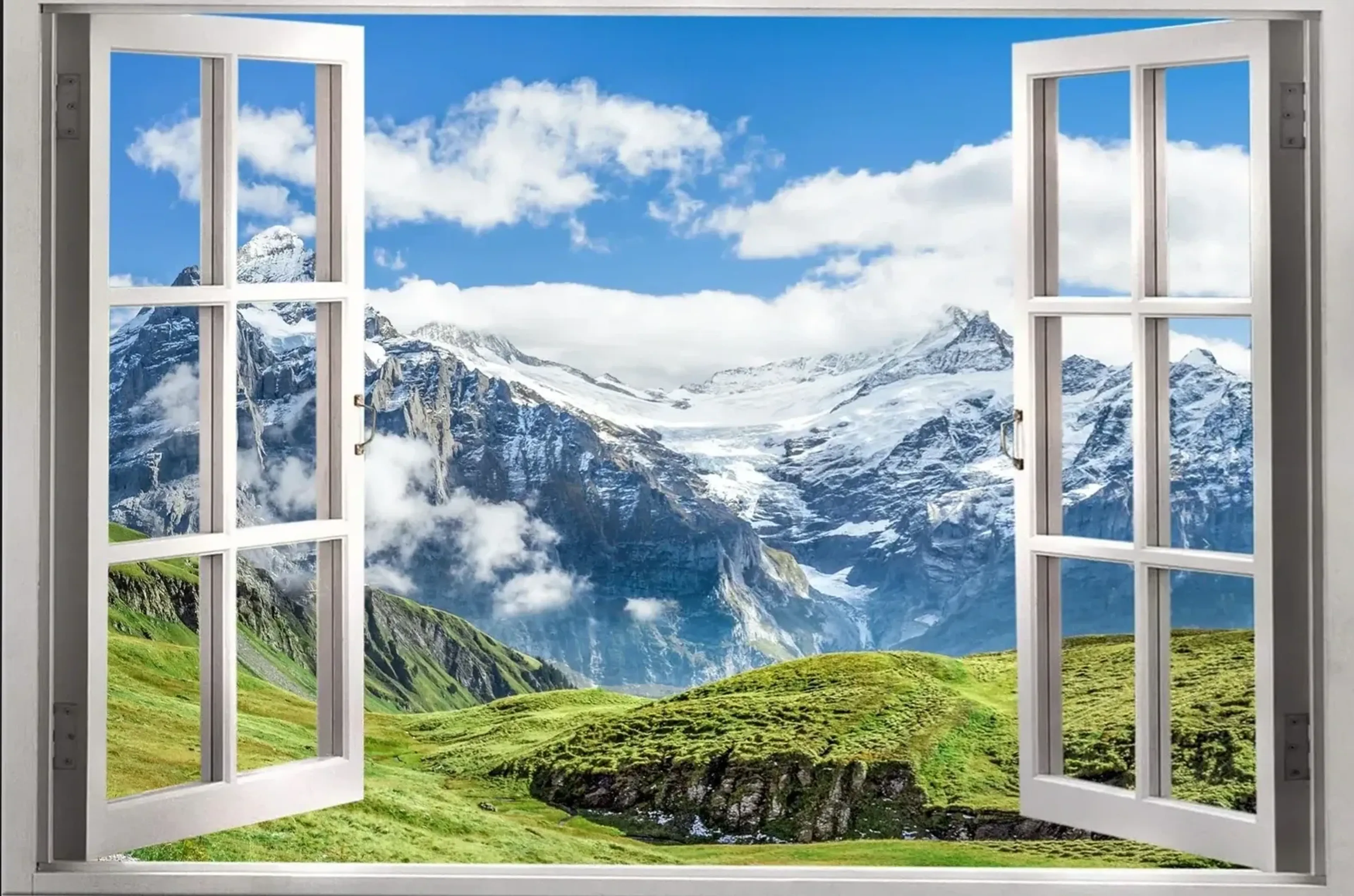 Blick auf Schneegipfel – Motiv als Wandbild auf Holz