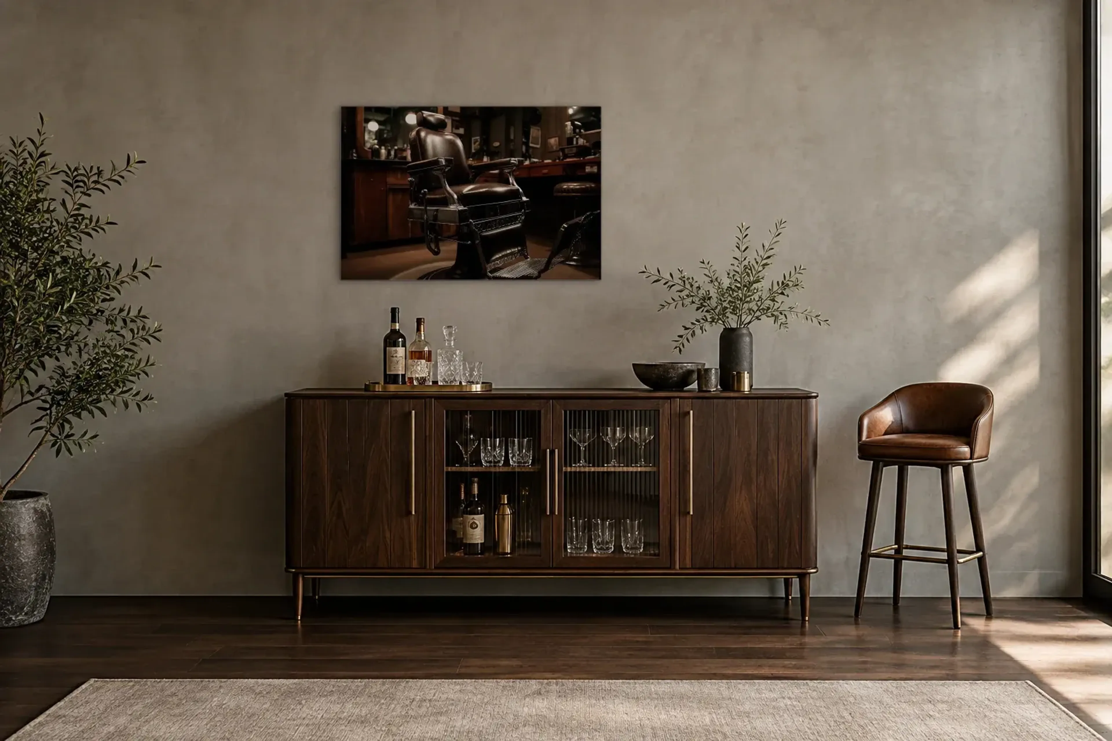 Nostalgischer Barbierstuhl als Wandbild über einem 150-cm-Barschrank