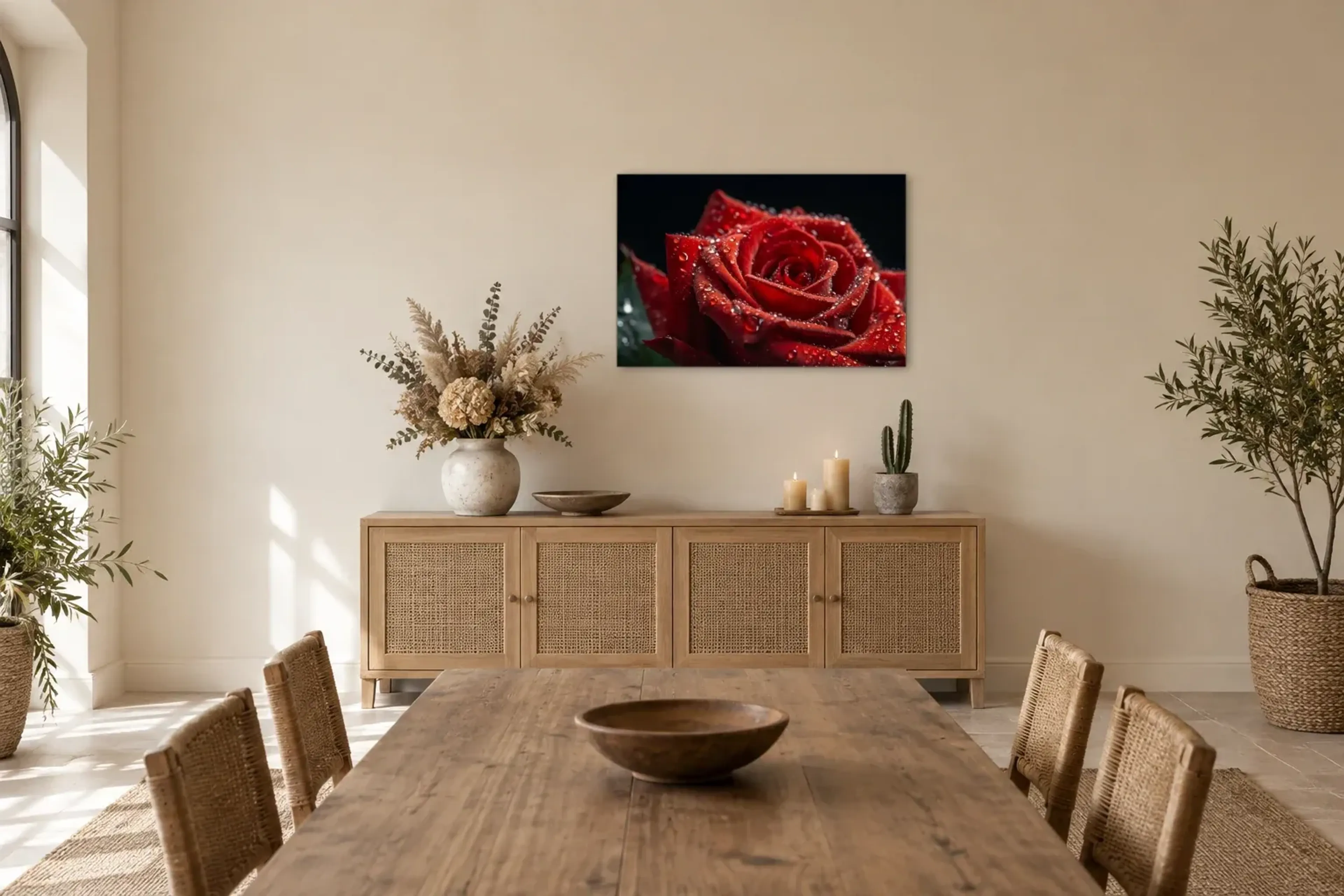 Nahaufnahme rote Rose als Wandbild über einem 160-cm-Sideboard
