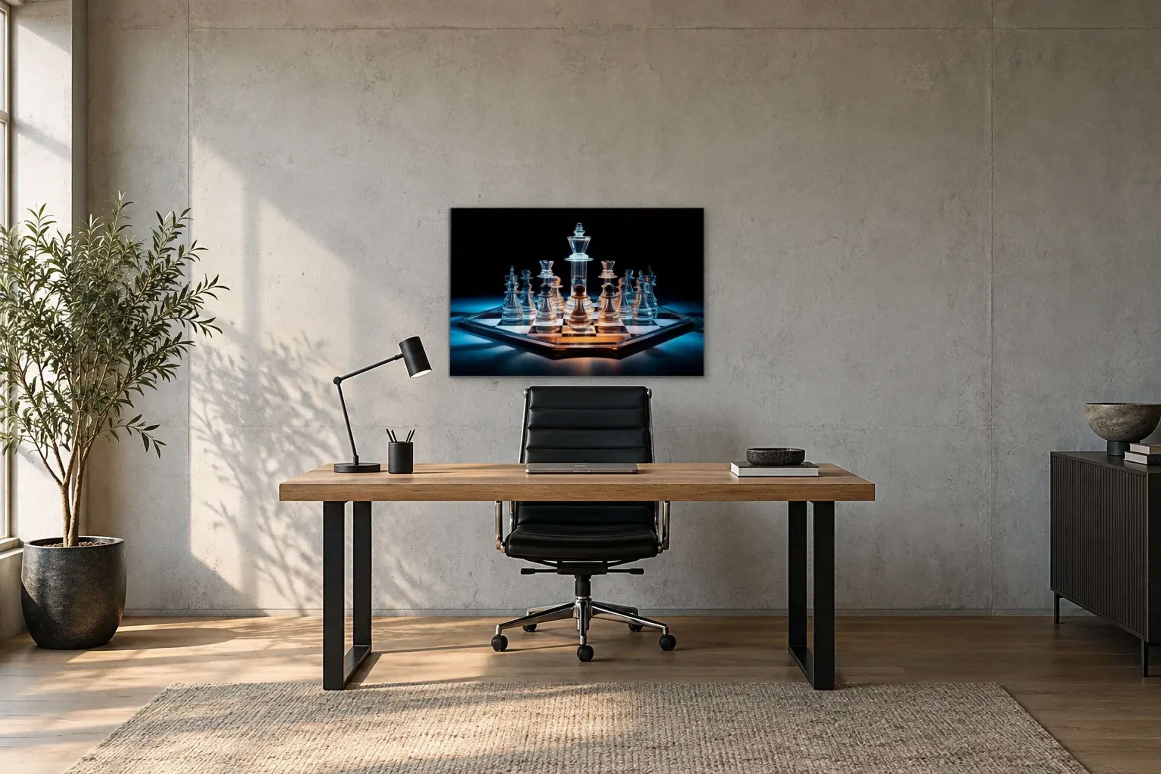 Schach-Spiel aus Glas als Wandbild über einem 160-cm-Schreibtisch
