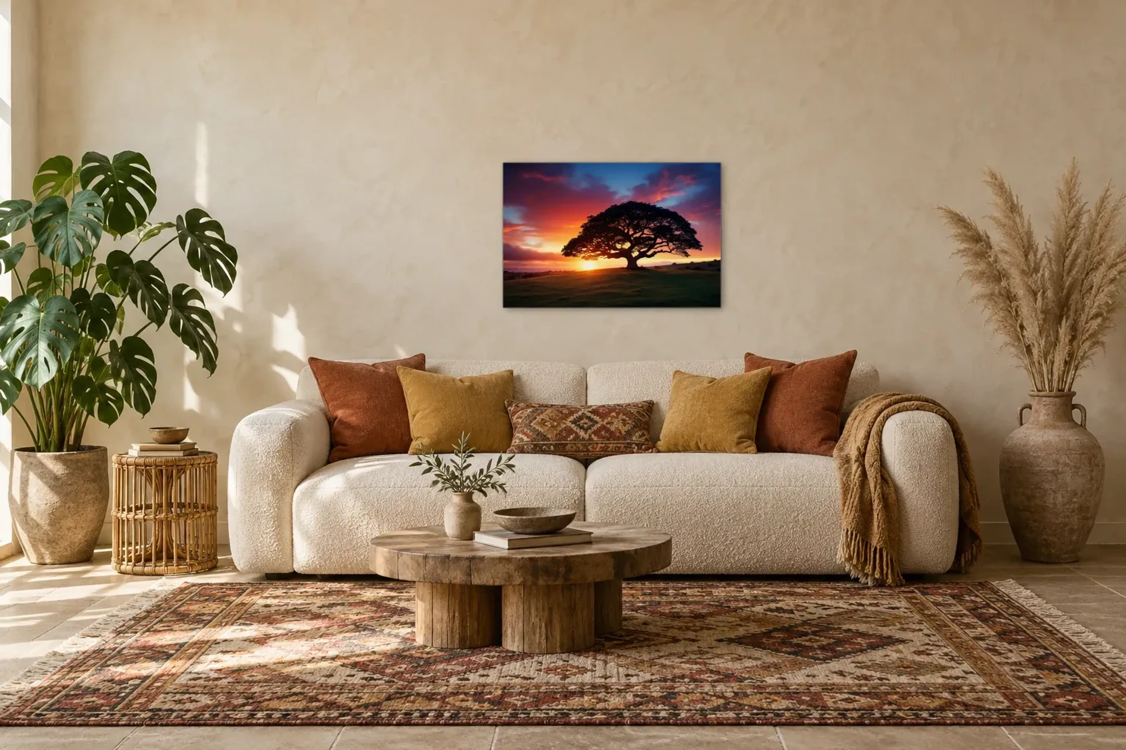Baum im Abendrot als Wandbild über einem 220-cm-Sofa