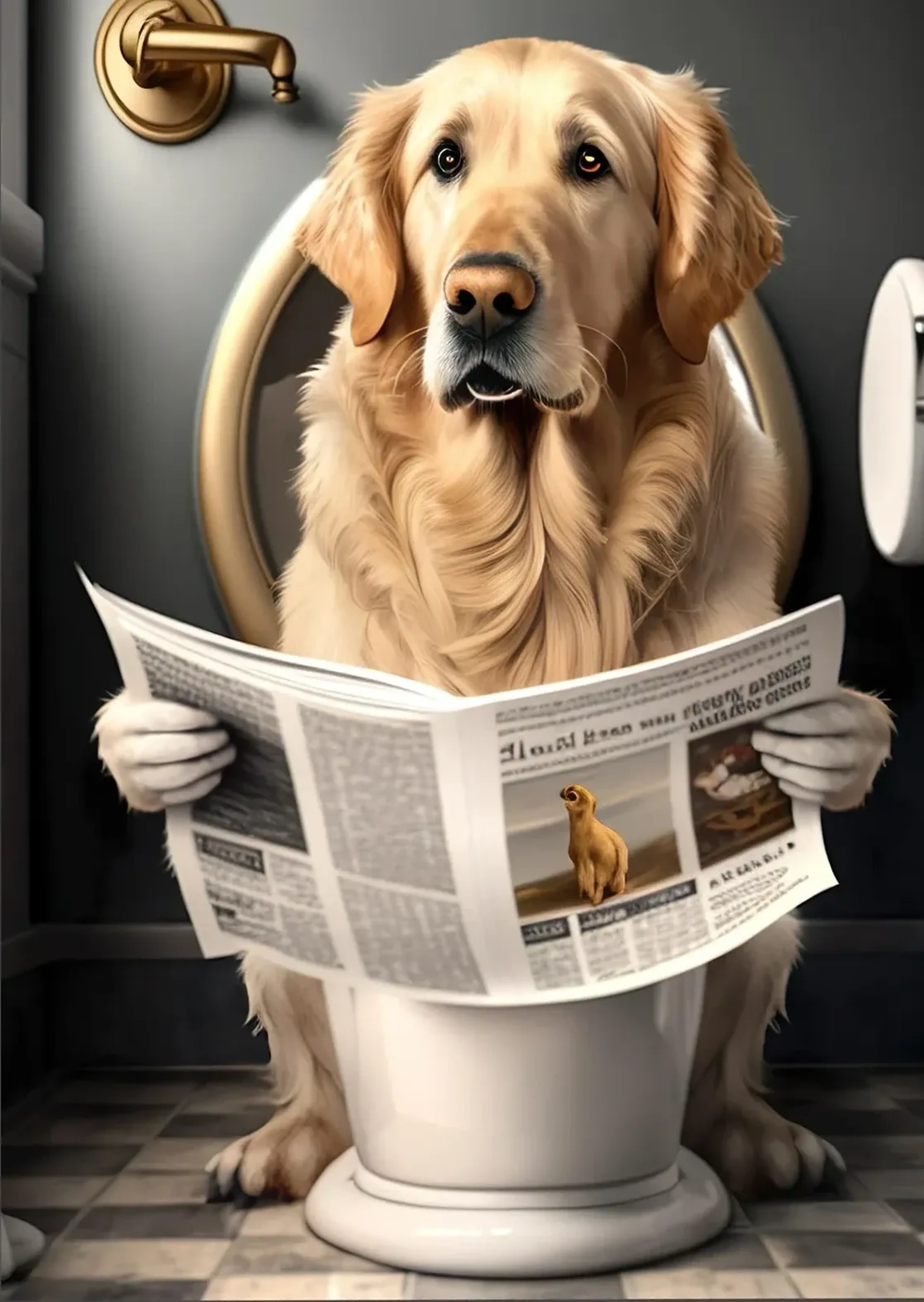 Ein Golden Retriever sitzt mit aufgeschlagener Zeitung auf einer Toilette in einem dunkelgrauen Badezimmer.