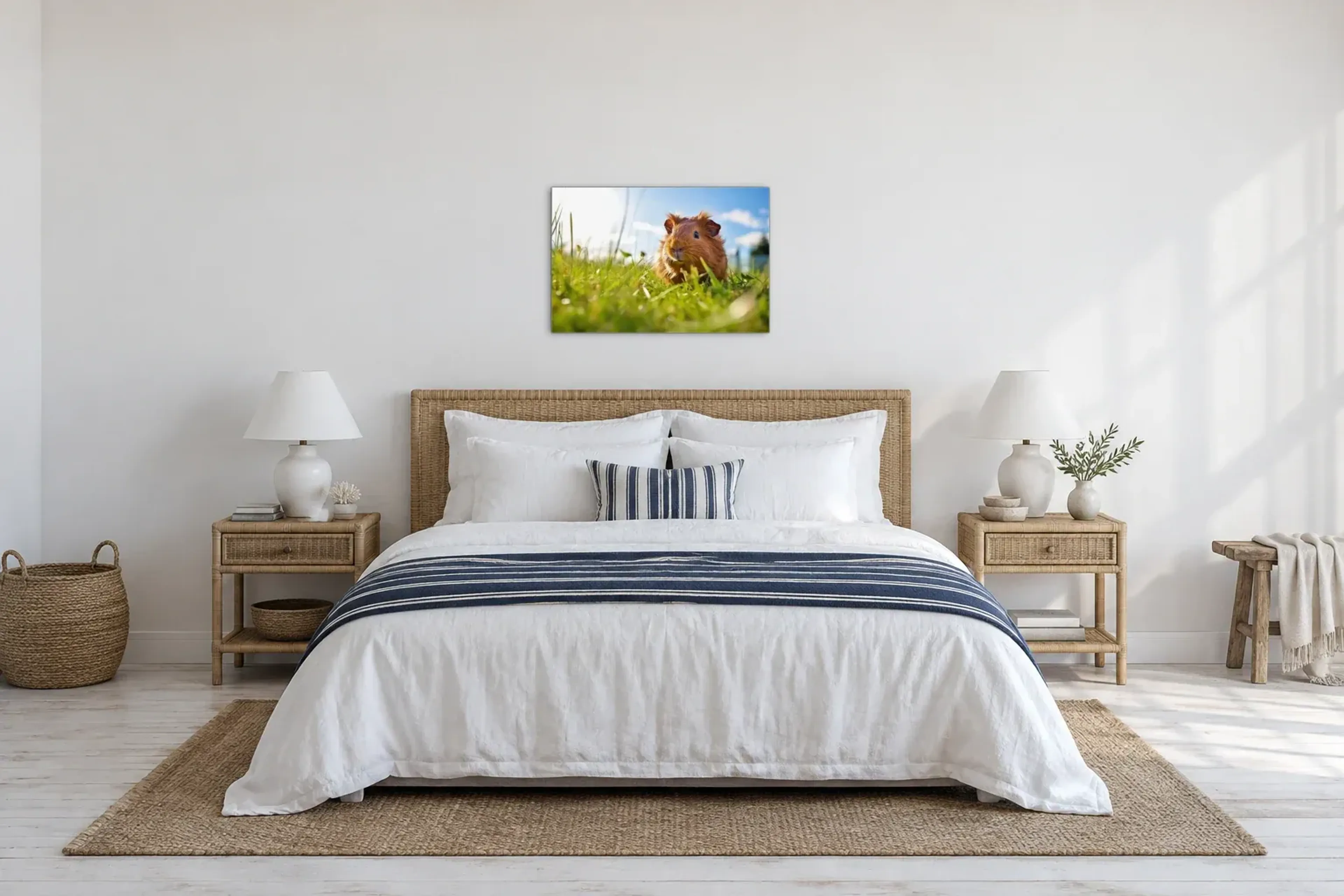 Meerschweinchen im Gras als Wandbild über einem 180-cm-Bett