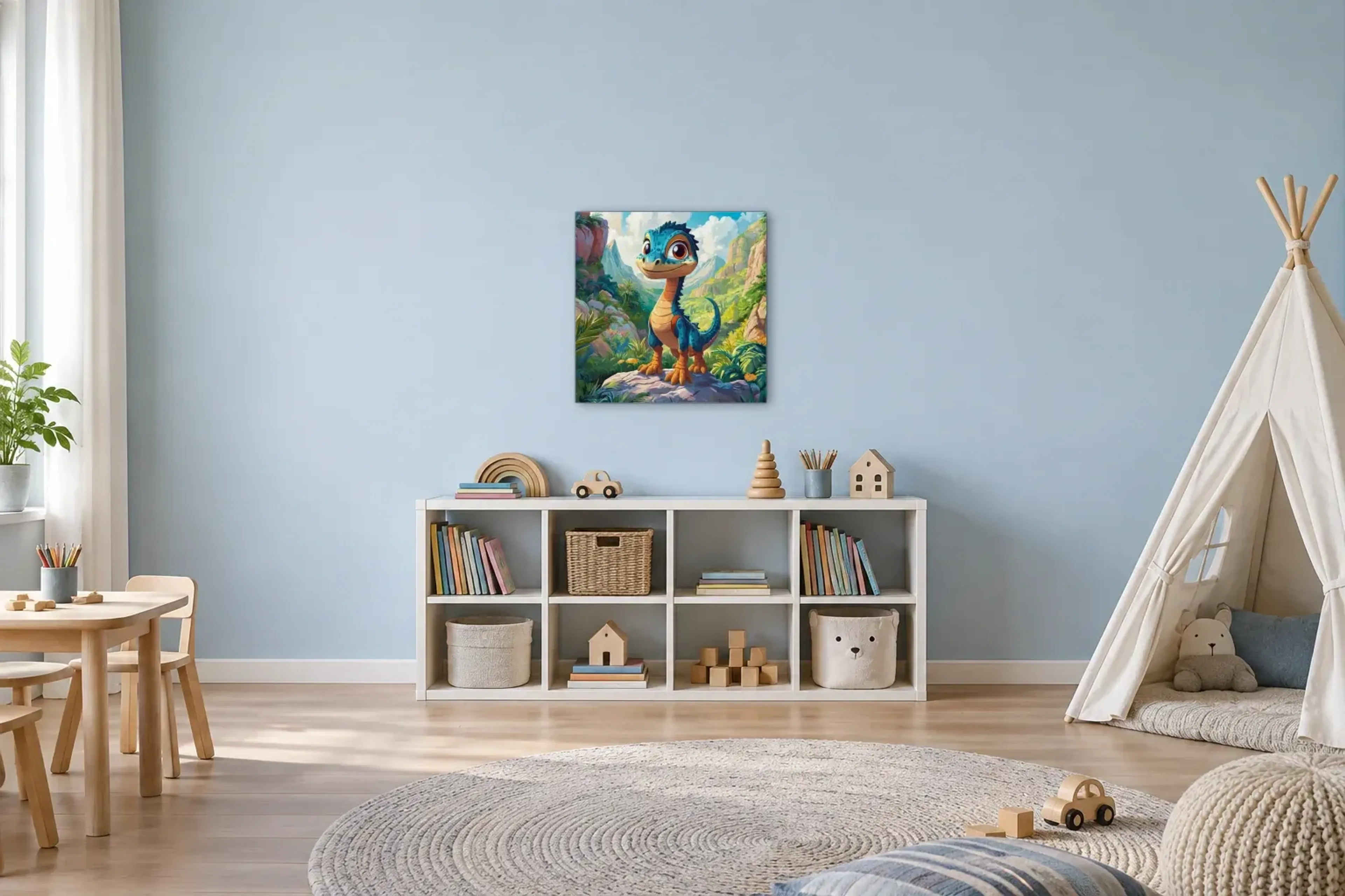 Blauer Dino im Felsental als Wandbild über einem 120-cm-Spielregal