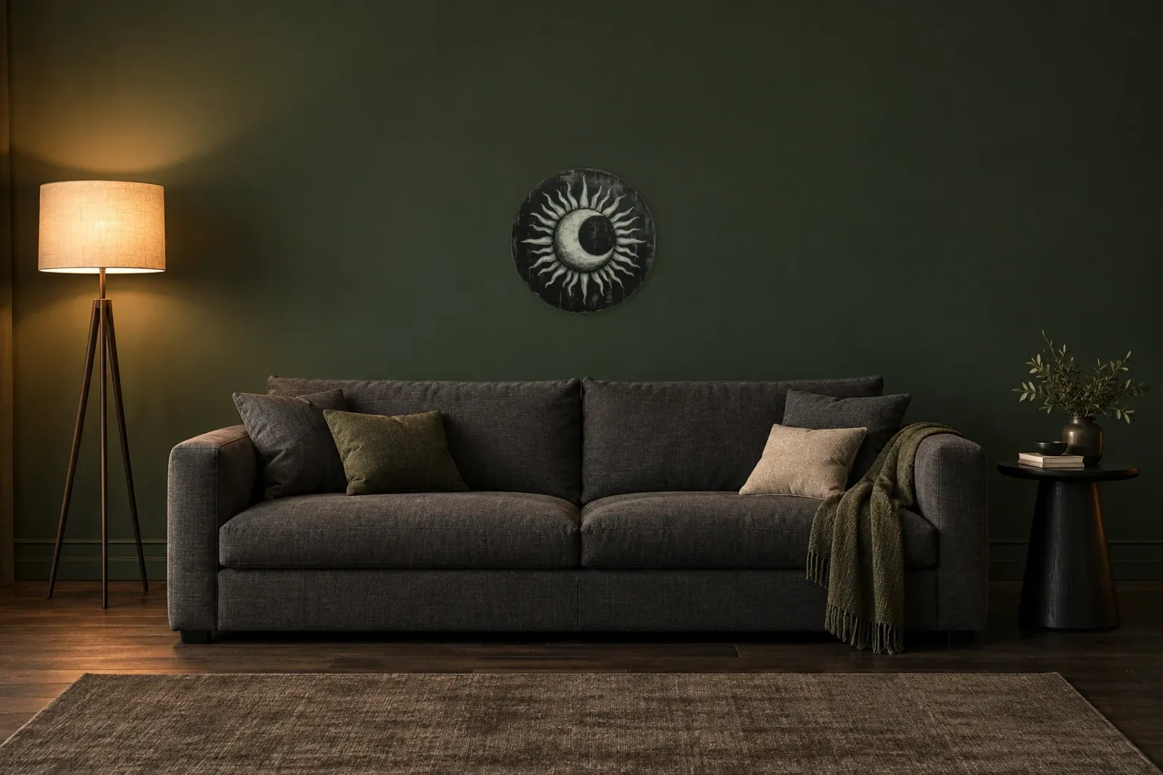 Sonne und Mondsichel als Wandbild über einem 220-cm-Sofa