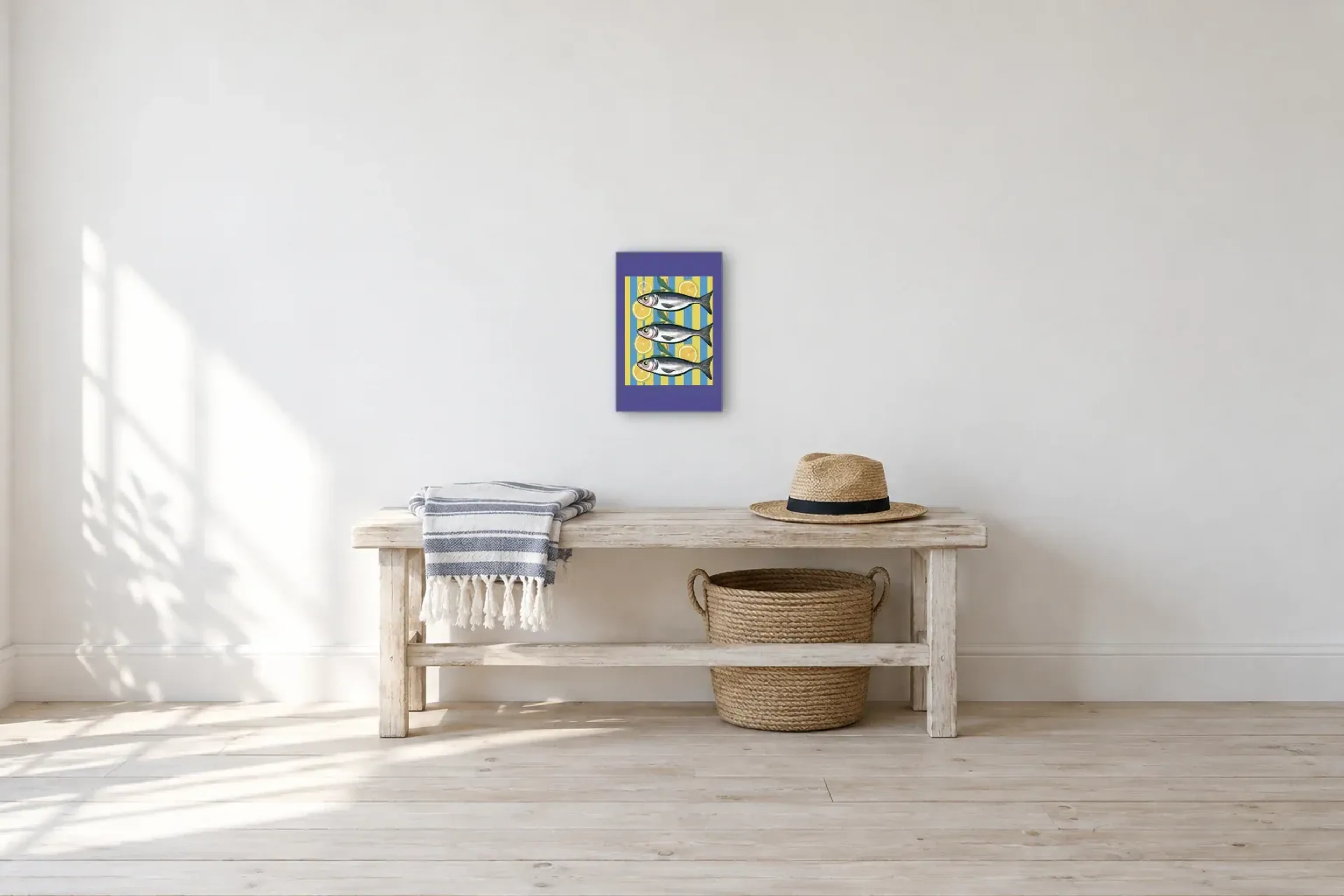 Fische zwischen Zitronen als Wandbild über einer 100-cm-Bank